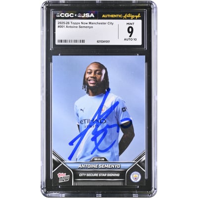 Carte Topps Now Manchester City 2025-26 n°1, autographiée par Antoine Semenyo, authentifiée CGC 9/10 et authentifiée par CGC.