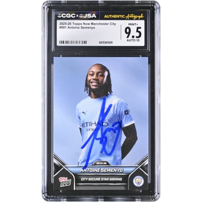 Carte Topps Now Manchester City 2025-26 n°1, autographiée par Antoine Semenyo, authentifiée CGC 9,5/10 et signée par Manchester City.