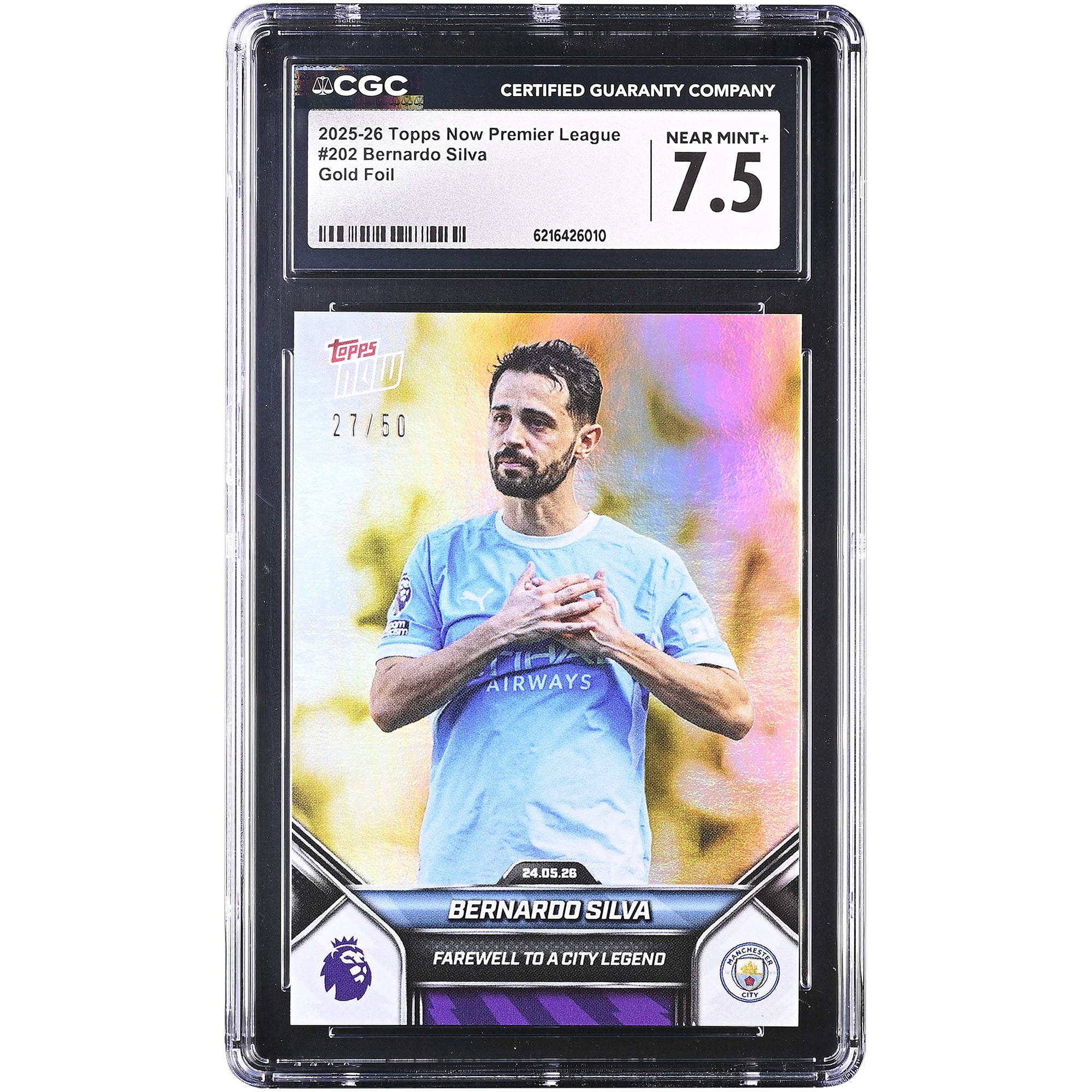 Bernardo Silva Manchester City 2025-26 Topps Now Premier League Farewell to a City Legend Gold Foil #202 #/50 CGC Authenticated 7.5 Card