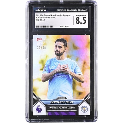 Carte Bernardo Silva Manchester City 2025-26 Topps Now Premier League Adieu à une légende de City, feuille d'or n° 202 n° 20/50, authentifiée CGC, état 8,5