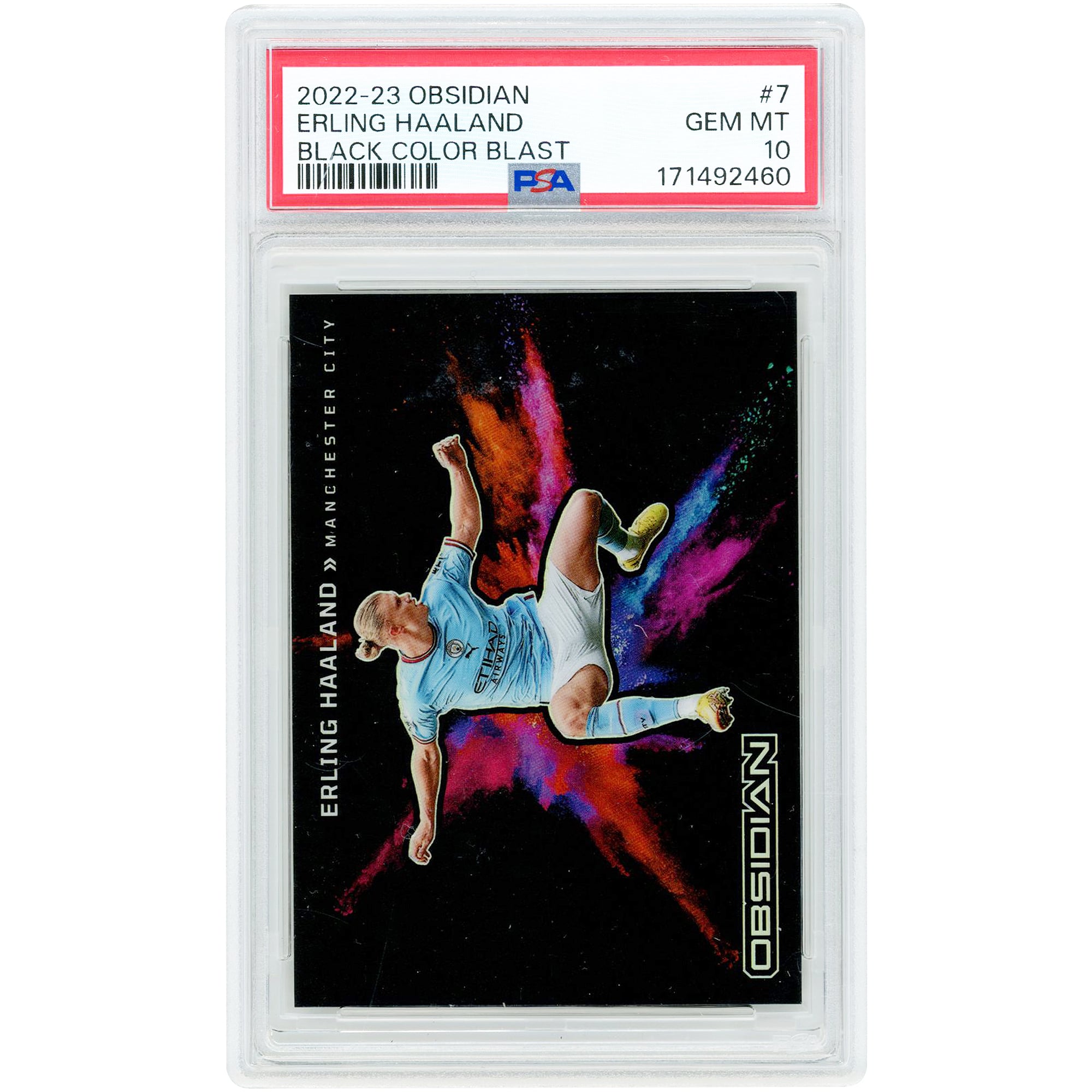 Carte Erling Haaland Manchester City 2022-23 Panini Obsidian Black Color Blast n° 7, authentifiée PSA 10