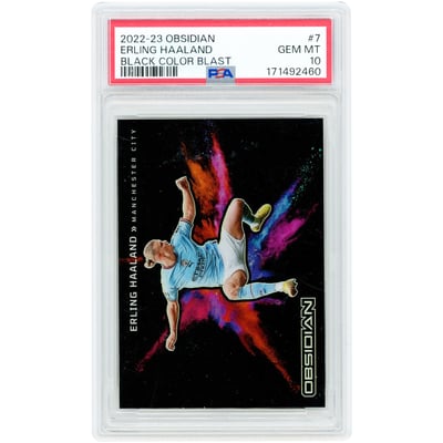 Carte Erling Haaland Manchester City 2022-23 Panini Obsidian Black Color Blast n° 7, authentifiée PSA 10