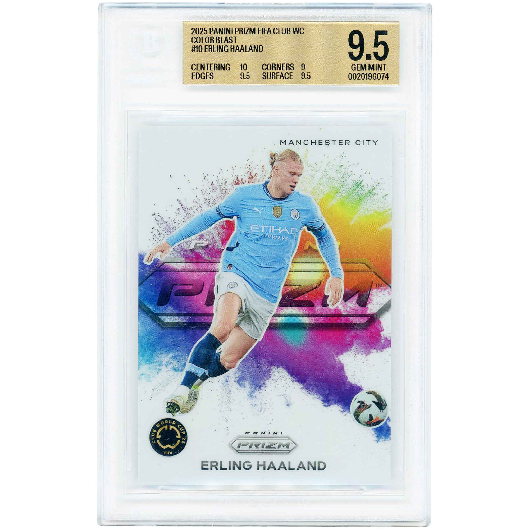 Carte Erling Haaland Manchester City 2025 Panini Prizm FIFA Club WC Color Blast n° 10, authentifiée BGS 9.5 - Sous-notes : 10, 9, 9.5, 9.5