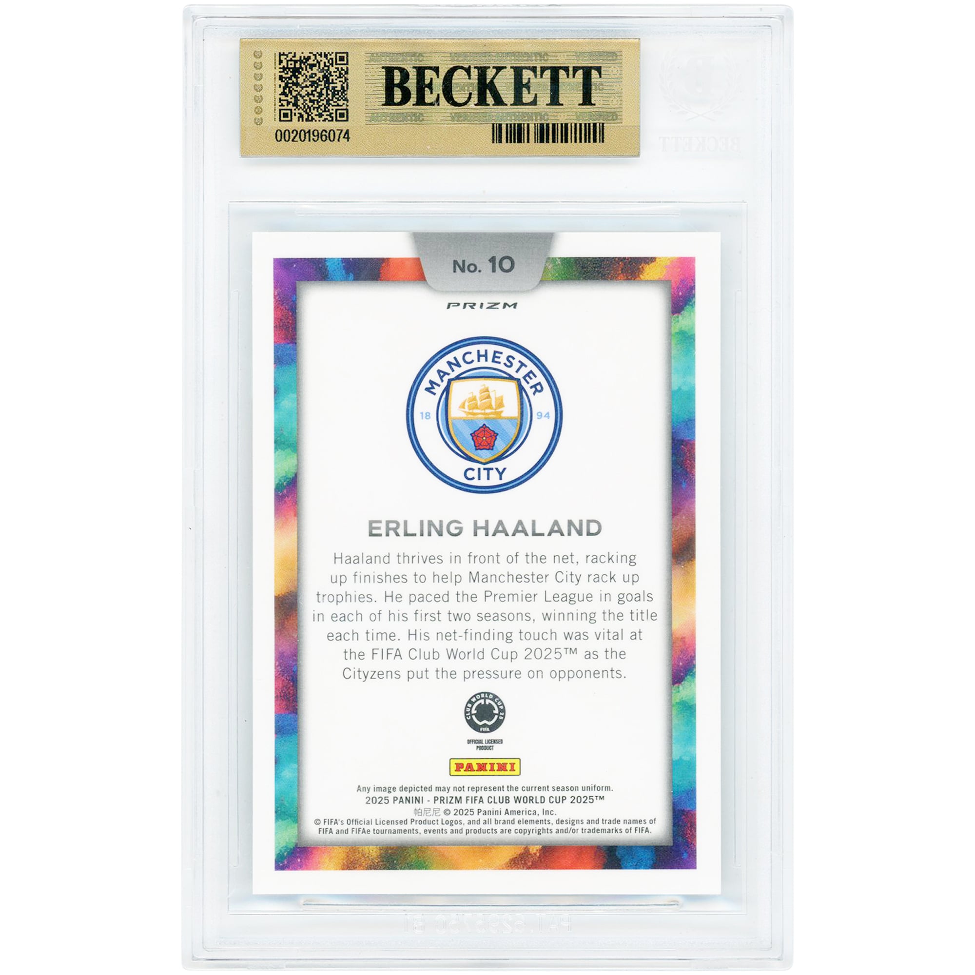 Carte Erling Haaland Manchester City 2025 Panini Prizm FIFA Club WC Color Blast n° 10, authentifiée BGS 9.5 - Sous-notes : 10, 9, 9.5, 9.5