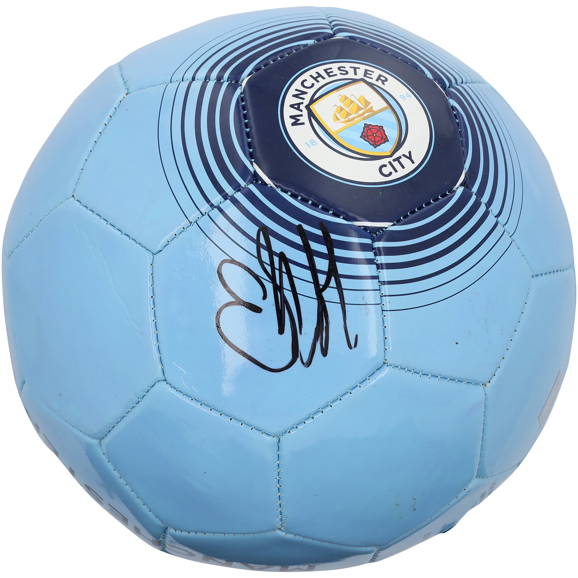 Ballon de football bleu clair autographié par Erling Haaland (Manchester City) avec logo du club.