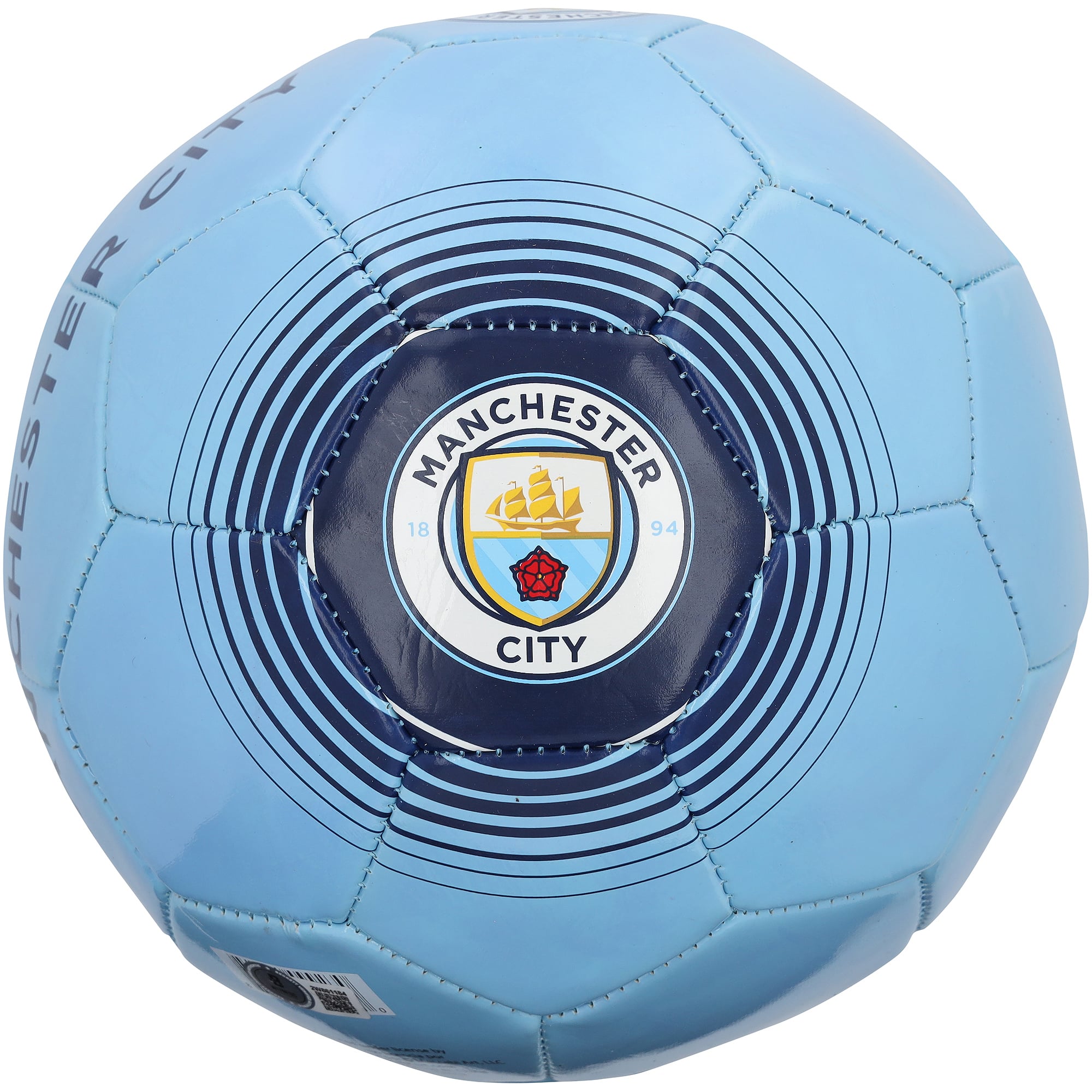 Ballon de football bleu clair autographié par Erling Haaland (Manchester City) avec logo du club.