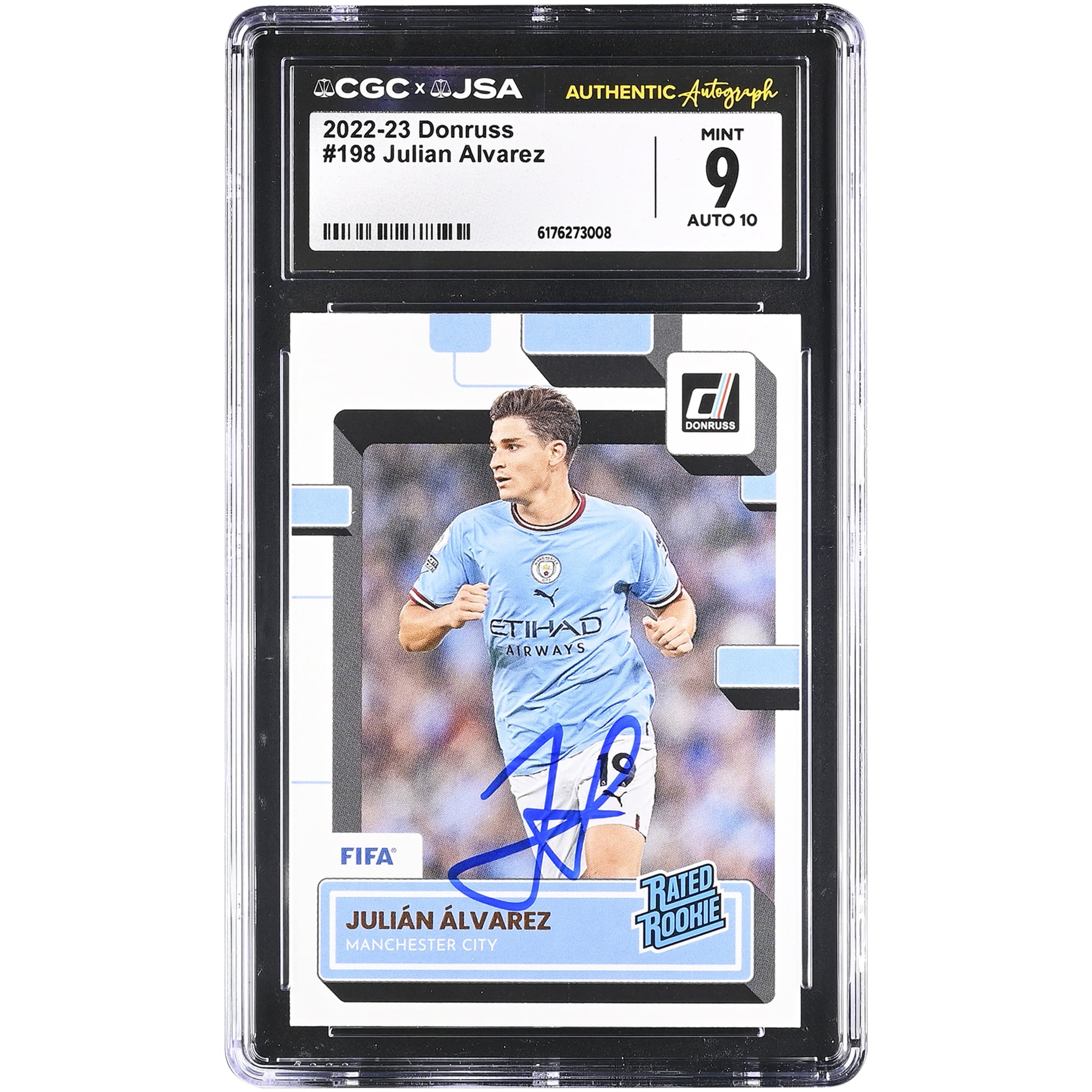 Carte de recrue autographiée de Julián Alvarez (Manchester City), saison 2022-2023, Panini Donruss n° 198, authentifiée CGC (9/10).