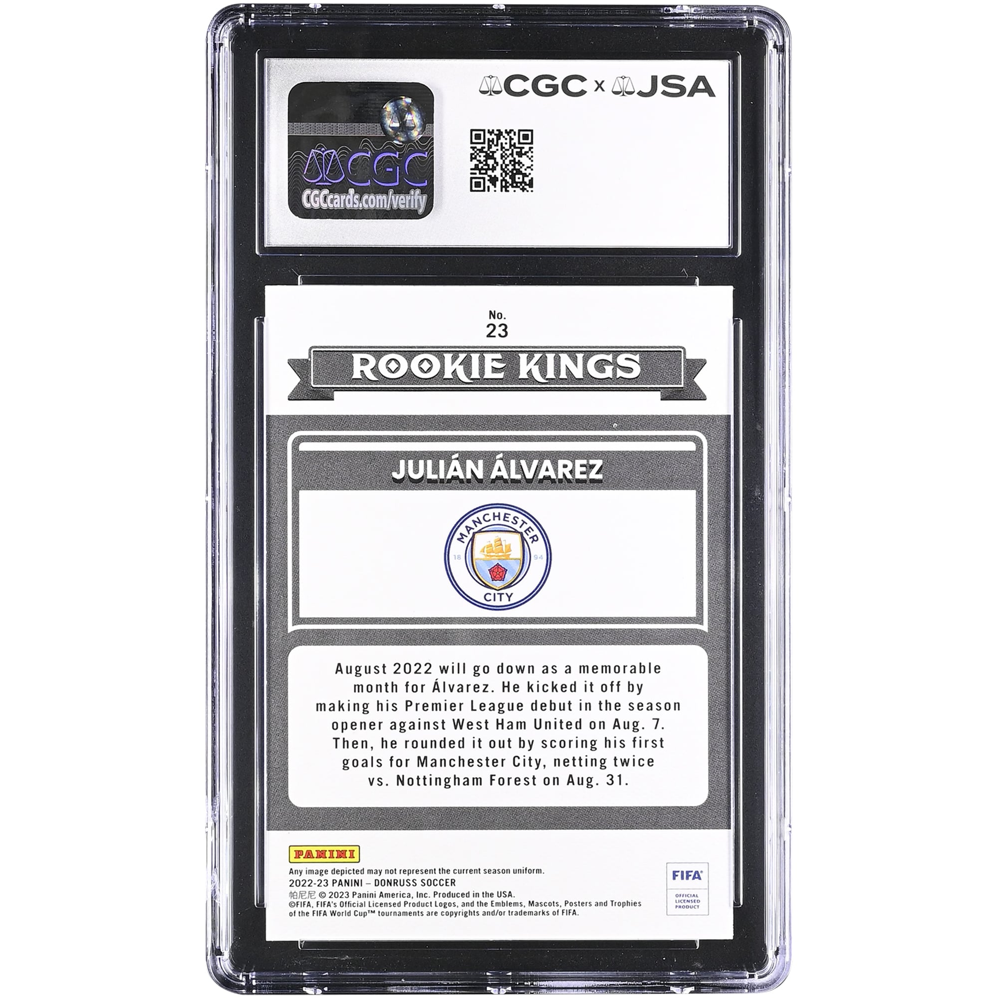 Julián Alvarez Manchester City Autographed 2022-23 Panini Donruss Rookie Kings #23 CGC Authenticated 9/10 Rookie Card