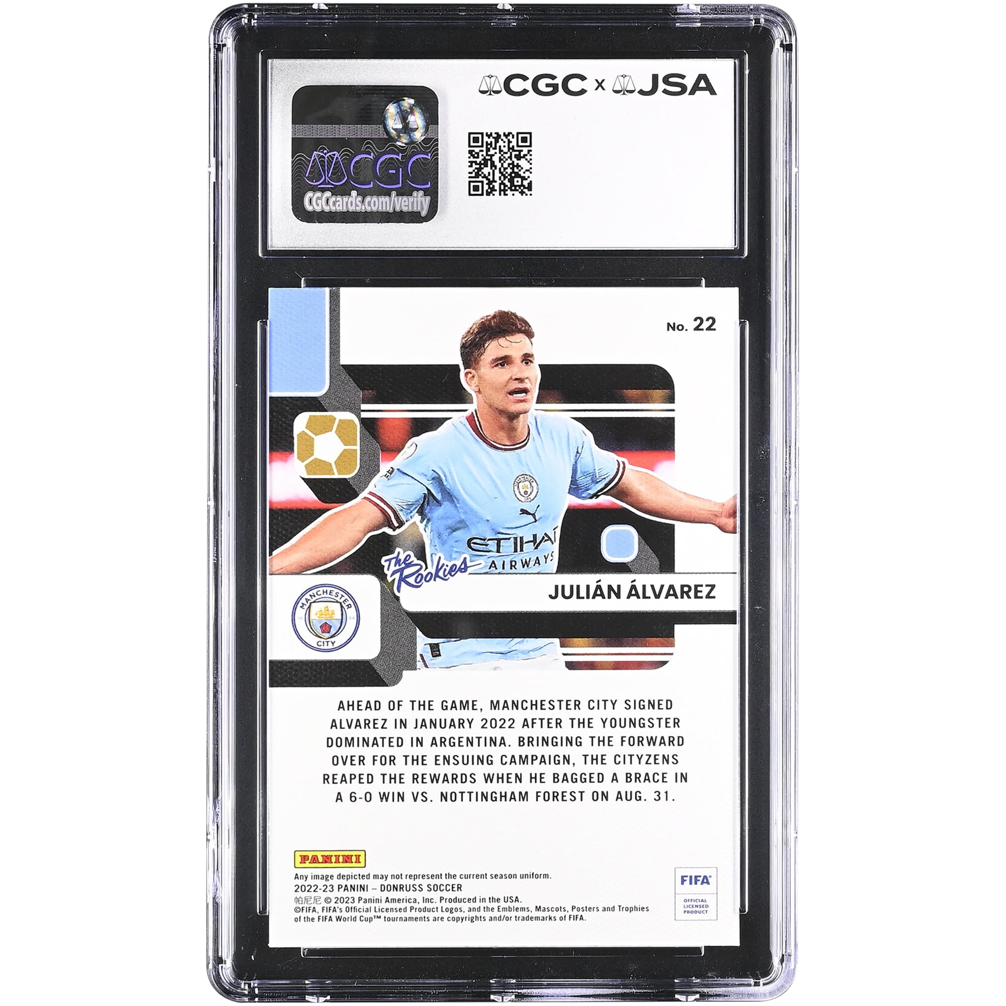 Julián Alvarez Manchester City Autographed 2022-23 Panini Donruss The Rookies #22 CGC Authenticated /10 Rookie Card
