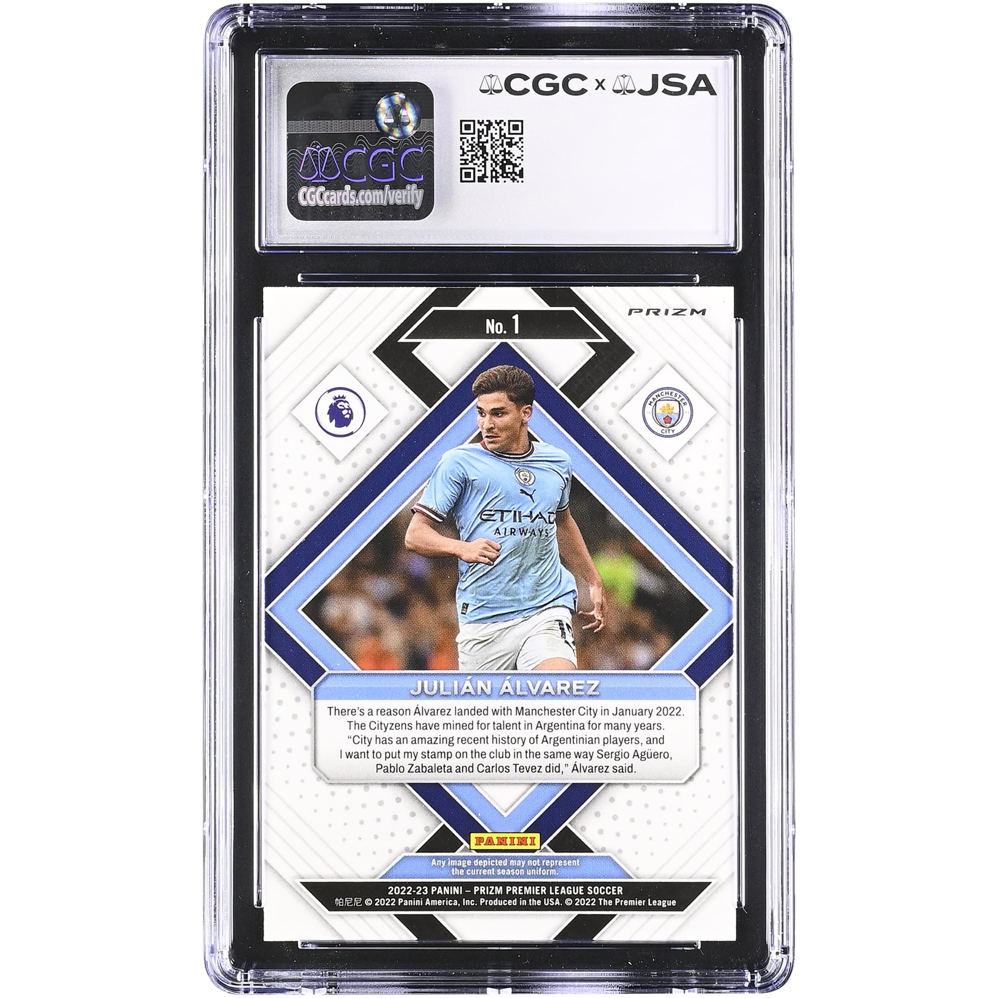 Julián Alvarez Manchester City Autographed 2022-23 Panini Prizm Premier League Emergent Silver #1 CGC Authenticated Auto 10 Rookie Card