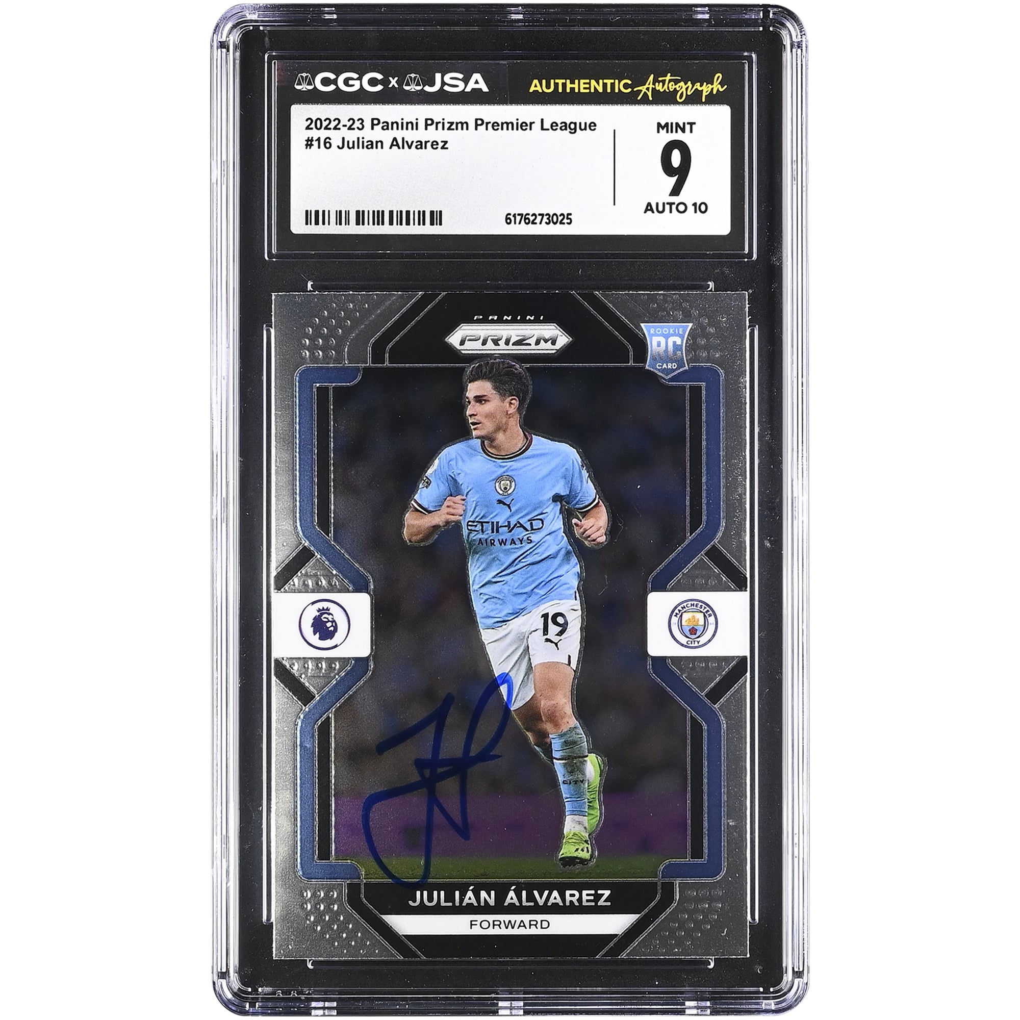 Julián Alvarez Manchester City Autographed 2022-23 Panini Prizm Premier League #16 CGC Authenticated 9/10 Rookie Card
