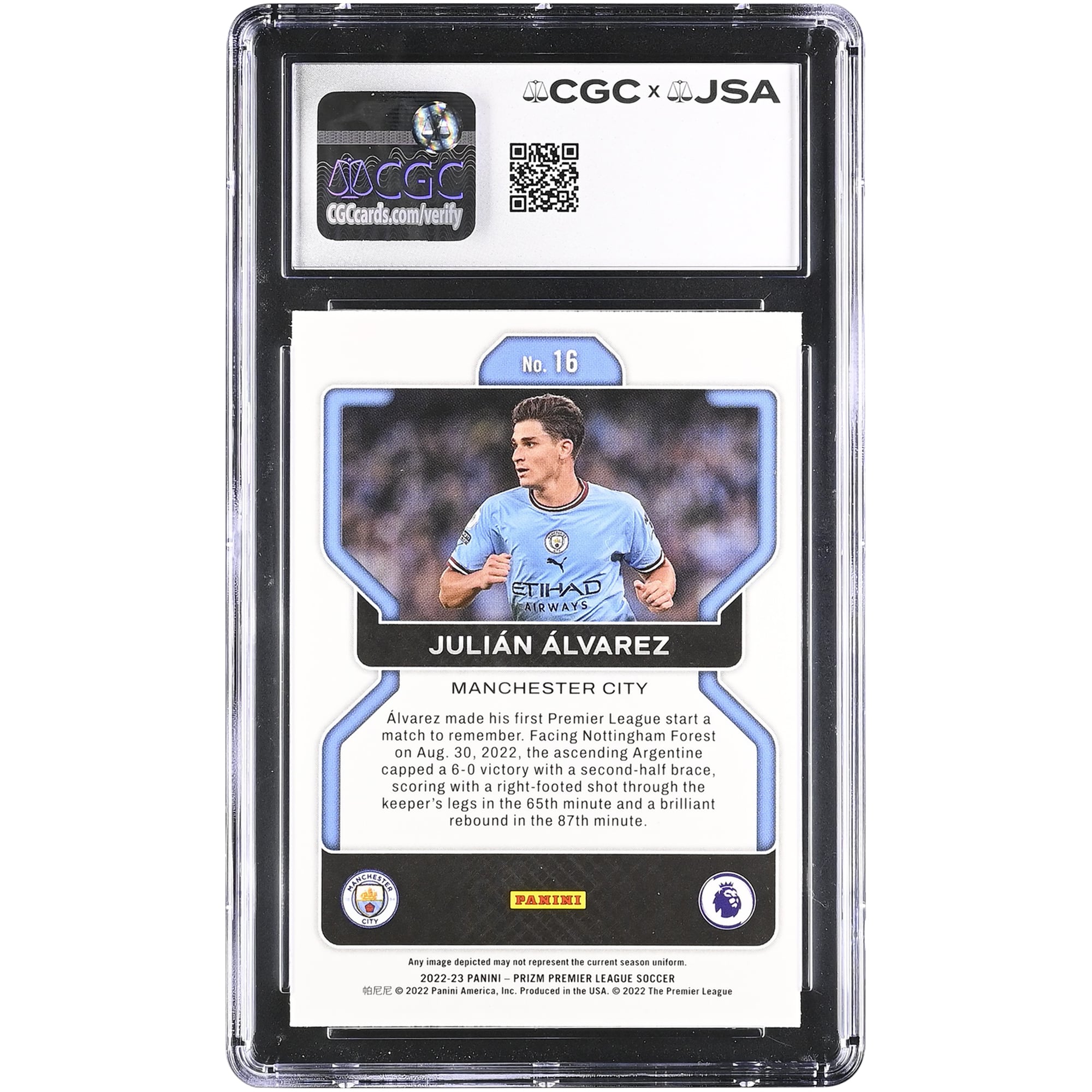 Julián Alvarez Manchester City Autographed 2022-23 Panini Prizm Premier League #16 CGC Authenticated 9/10 Rookie Card
