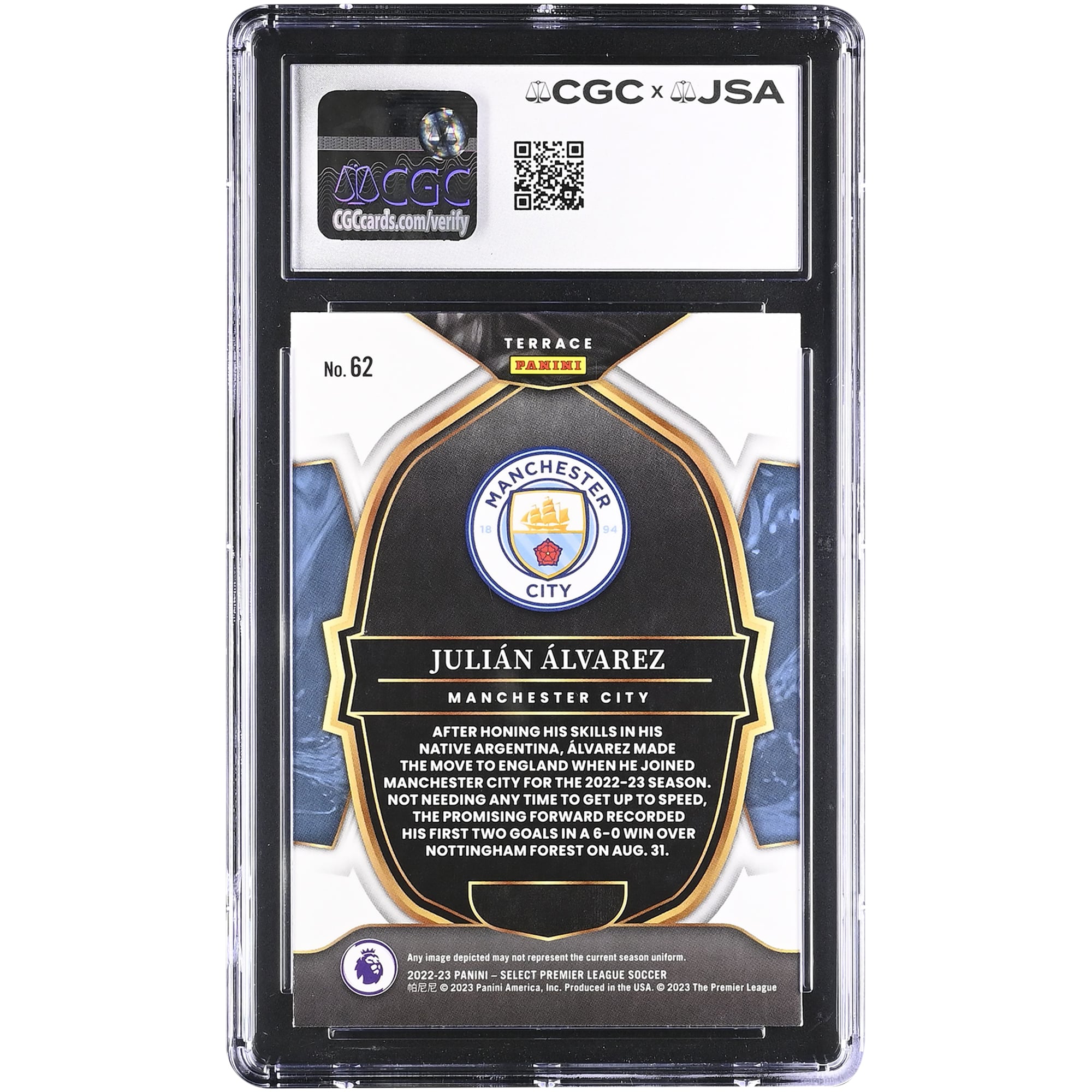 Julián Alvarez Manchester City Autographed 2022-23 Panini Select Premier League #62 CGC Authenticated Rookie Card