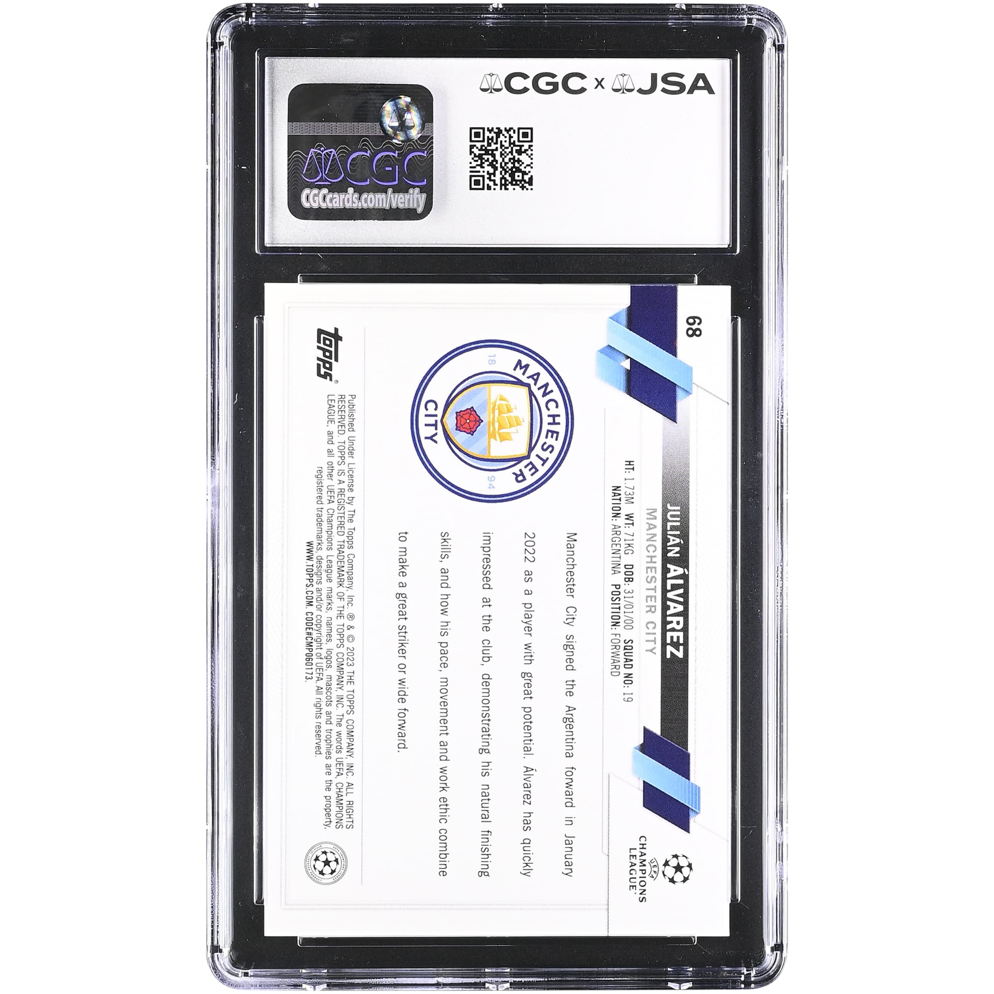 Julián Alvarez Manchester City Autographed 2022-23 Topps Chrome UEFA CC #68 CGC Authenticated Auto 10 Rookie Card