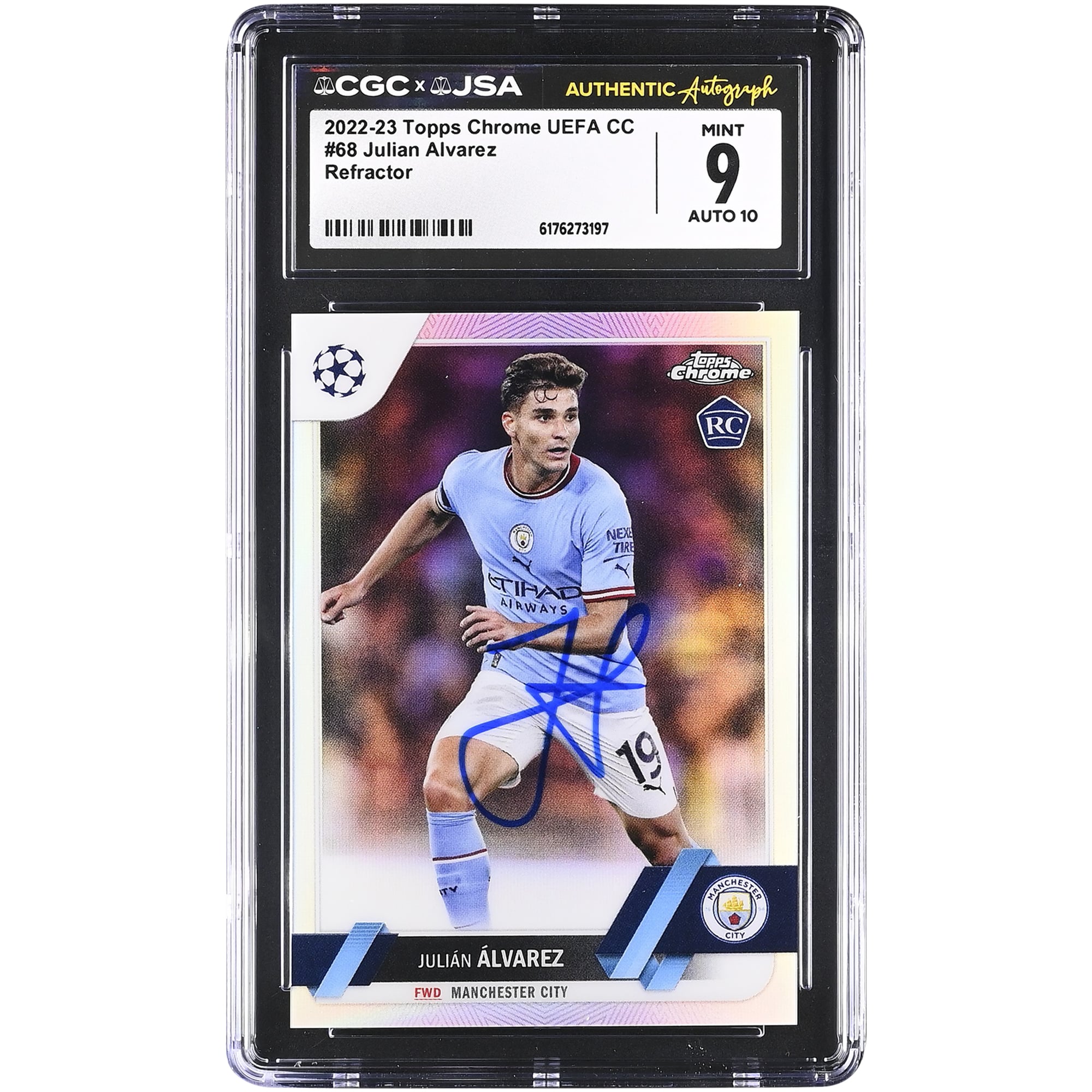 Julián Alvarez Manchester City Autographed 2022-23 Topps Chrome UEFA CC Refractor #68 CGC Authenticated 9/10 Rookie Card