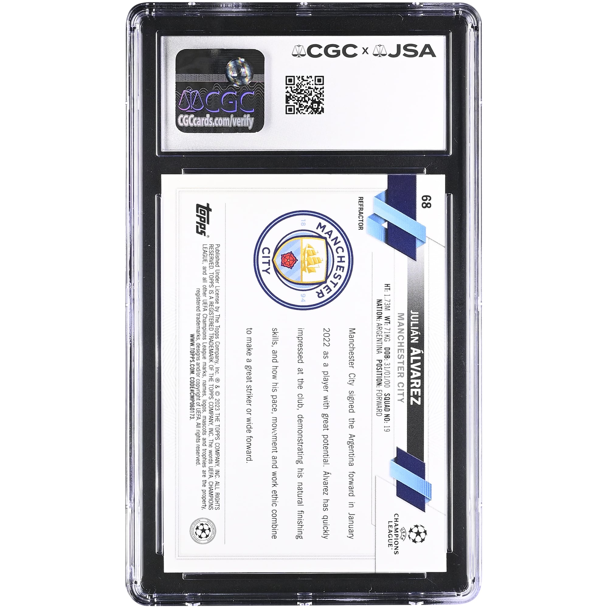 Julián Alvarez Manchester City Autographed 2022-23 Topps Chrome UEFA CC Refractor #68 CGC Authenticated Auto 10 Rookie Card