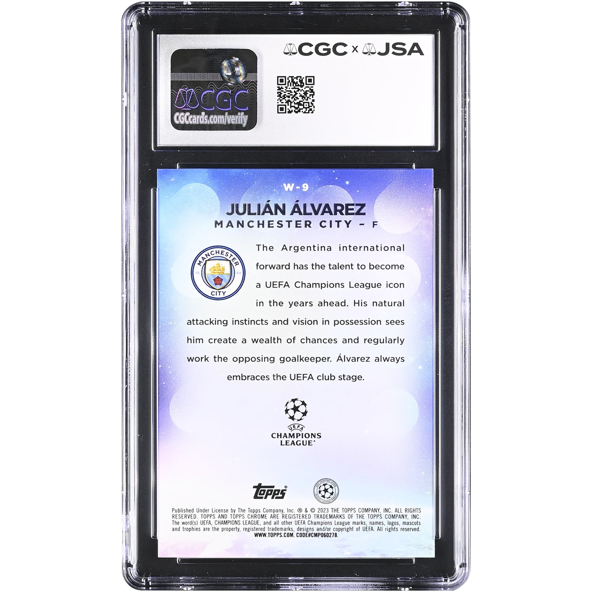 Julián Alvarez Manchester City Autographed 2022-23 Topps Chrome UEFA CC Wonderkids #W-9 CGC Authenticated Mint 9 Rookie Card