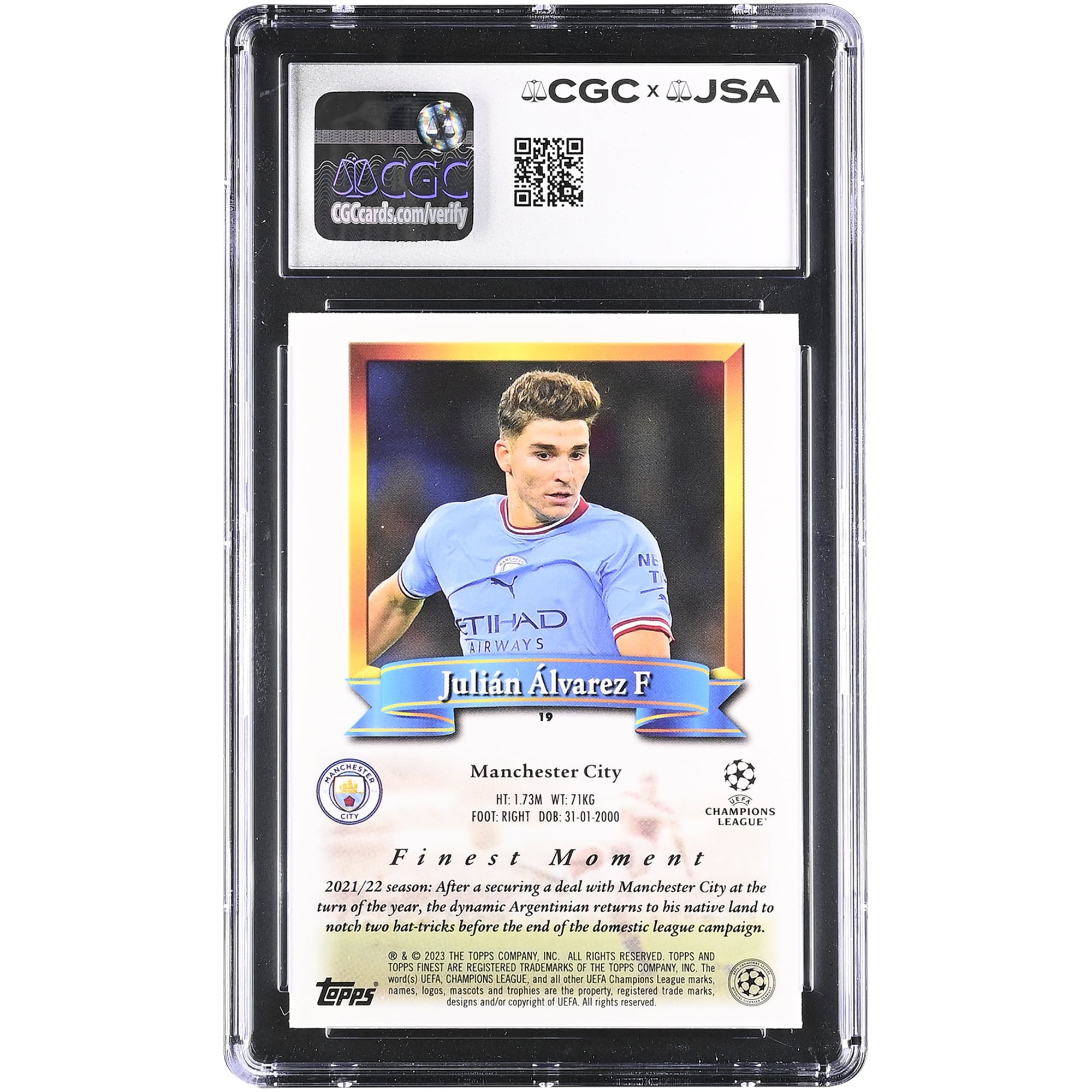 Julián Alvarez Manchester City Autographed 2022-23 Topps Finest Flashbacks UCC #19 CGC Authenticated Auto 10 Rookie Card