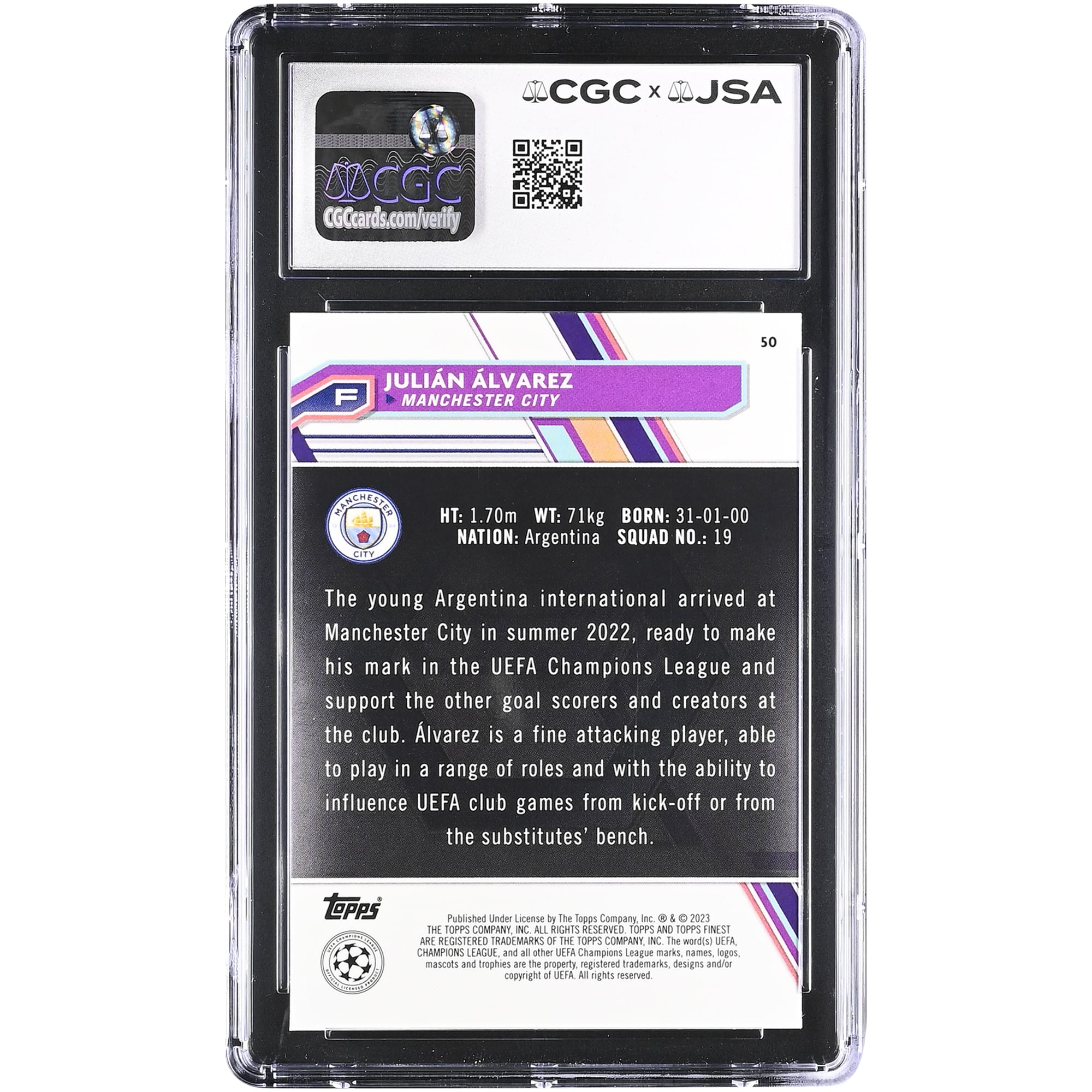 Julián Alvarez Manchester City Autographed 2022-23 Topps Finest UEFA CC #50 CGC Authenticated Auto 10 Rookie Card