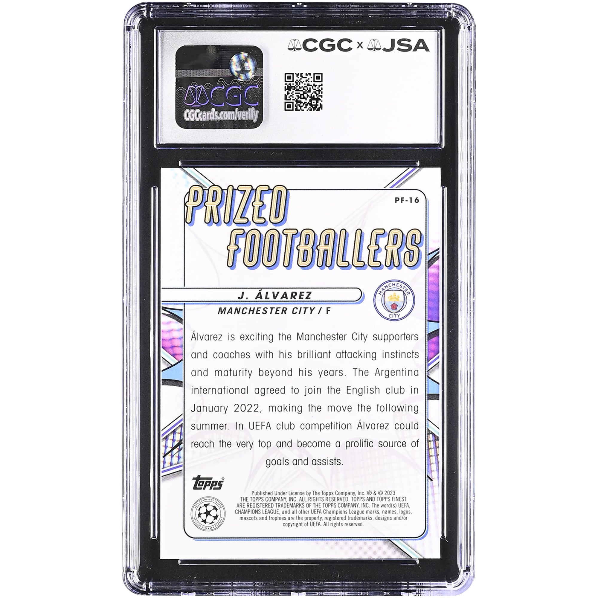 Julián Alvarez Manchester City Autographed 2022-23 Topps Finest UEFA CC Prized Footballers #PF-16 CGC Authenticated 9/10 Rookie Card