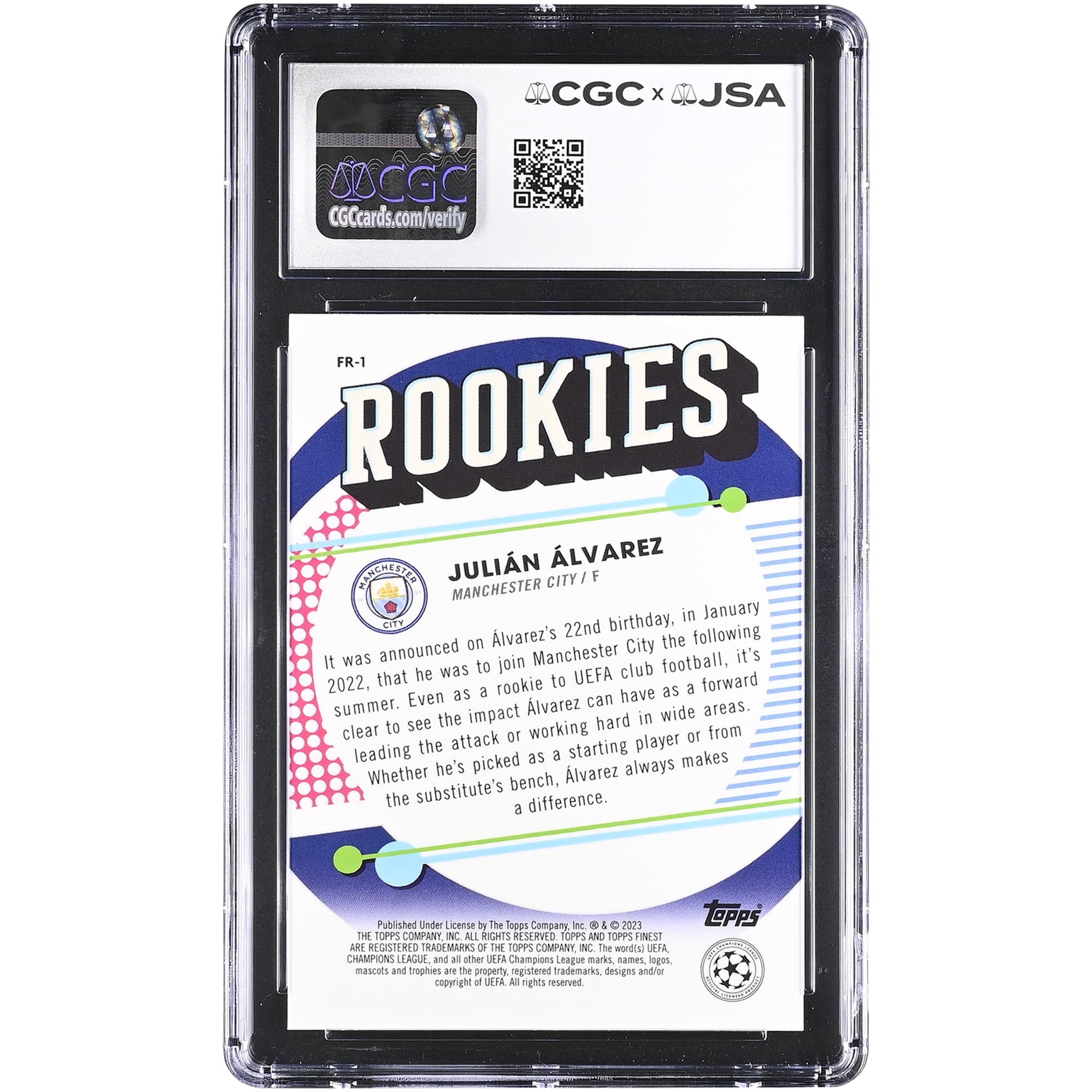 Julián Alvarez Manchester City Autographed 2022-23 Topps Finest UEFA CC Rookies #FR-1 CGC Authenticated Auto 10 Rookie Card