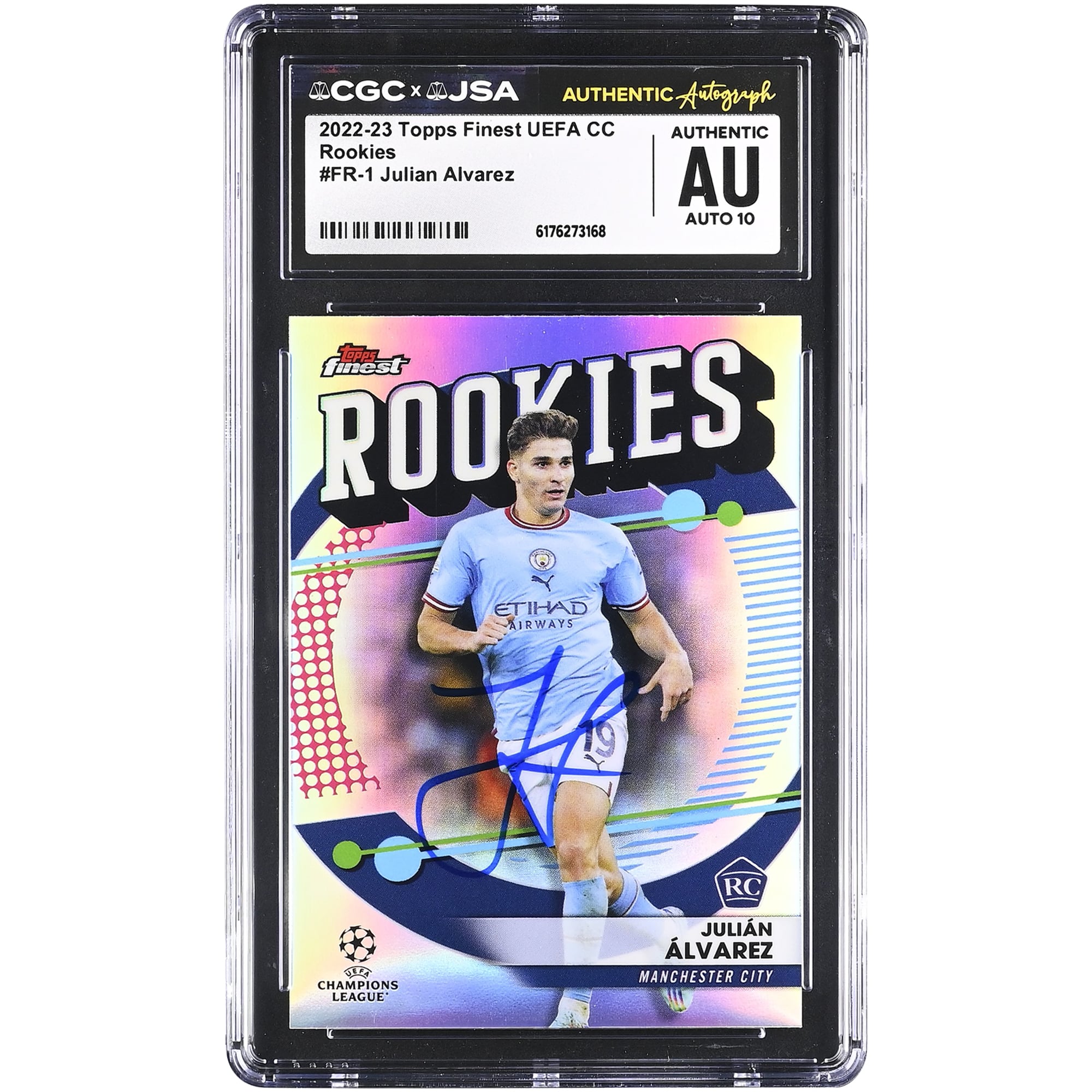Julián Alvarez Manchester City Autographed 2022-23 Topps Finest UEFA CC Rookies #FR-1 CGC Authenticated Auto 10 Rookie Card