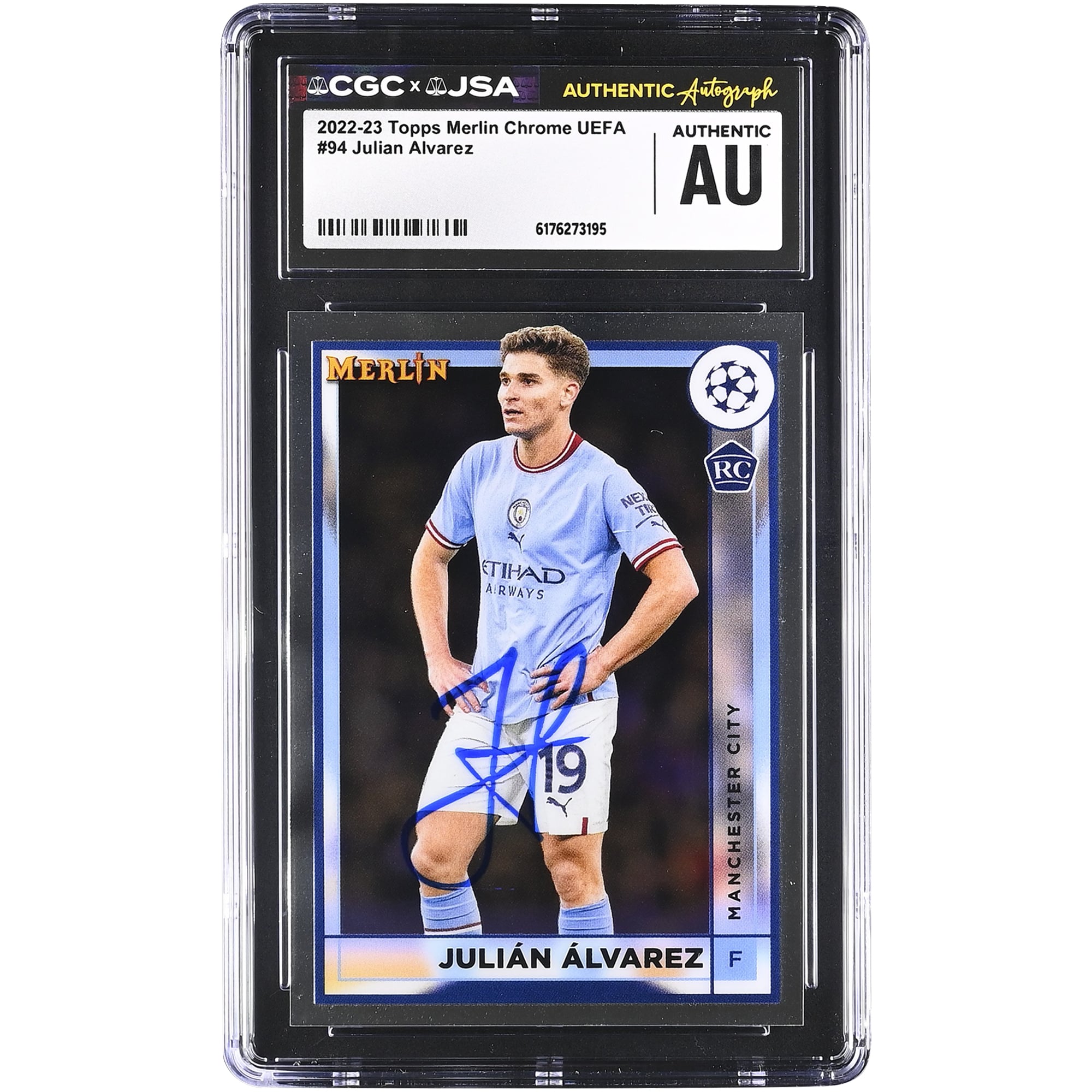 Julián Alvarez Manchester City Autographed 2022-23 Topps Merlin Chrome UEFA #94 CGC Authenticated Rookie Card