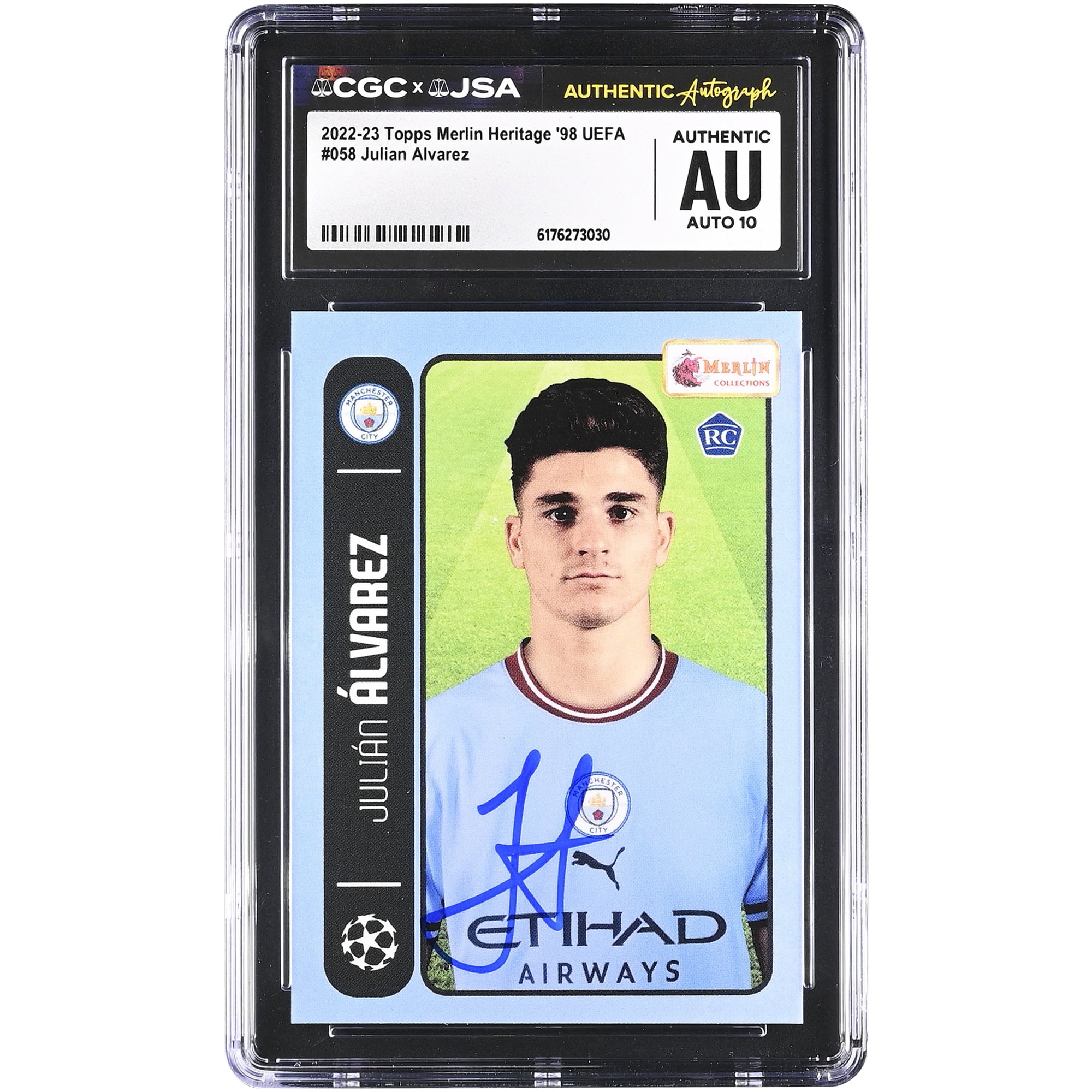 Julián Alvarez Manchester City Autographed 2022-23 Topps Merlin Heritage '98 UEFA #058 CGC Authenticated Auto 10 Rookie Card