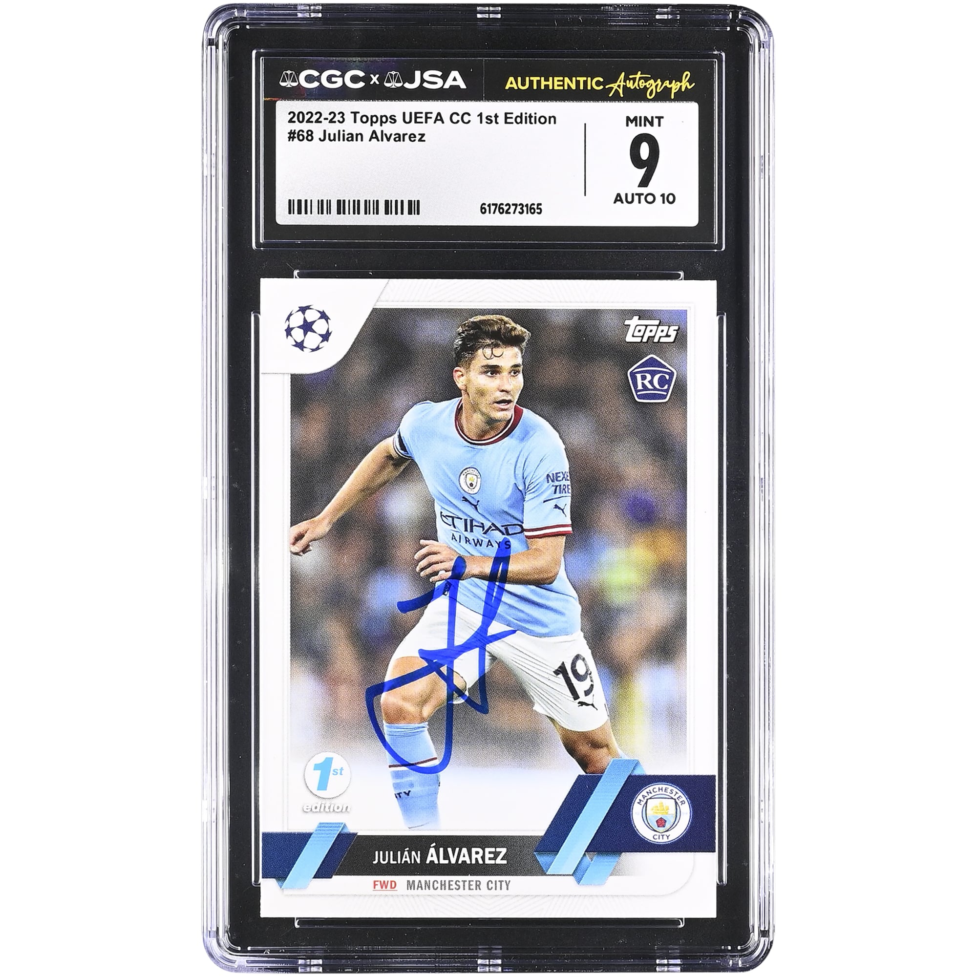 Julián Alvarez Manchester City Autographed 2022-23 Topps UEFA CC 1st Edition #68 CGC Authenticated 9/10 Rookie Card