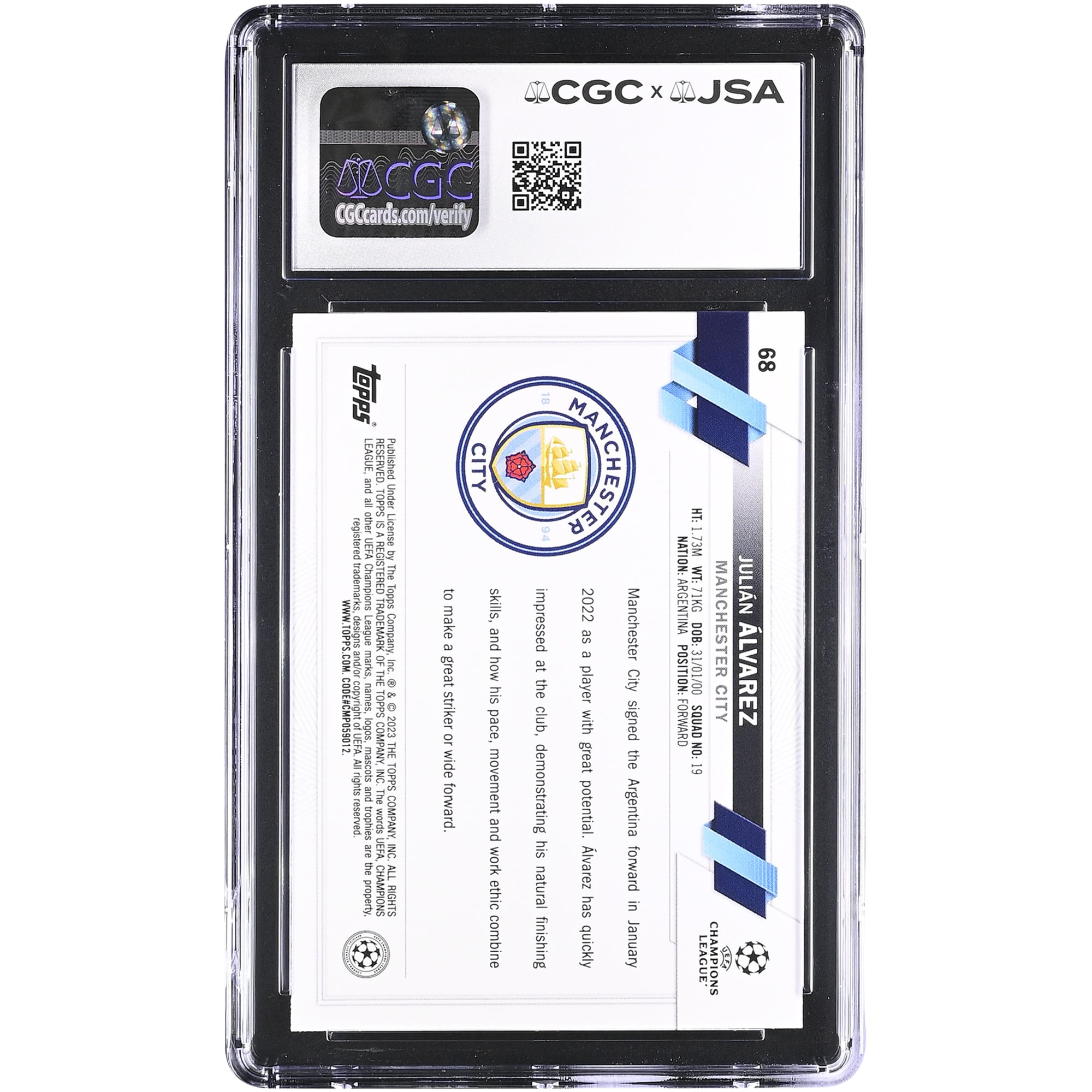 Julián Alvarez Manchester City Autographed 2022-23 Topps UEFA CC 1st Edition #68 CGC Authenticated Auto 10 Rookie Card
