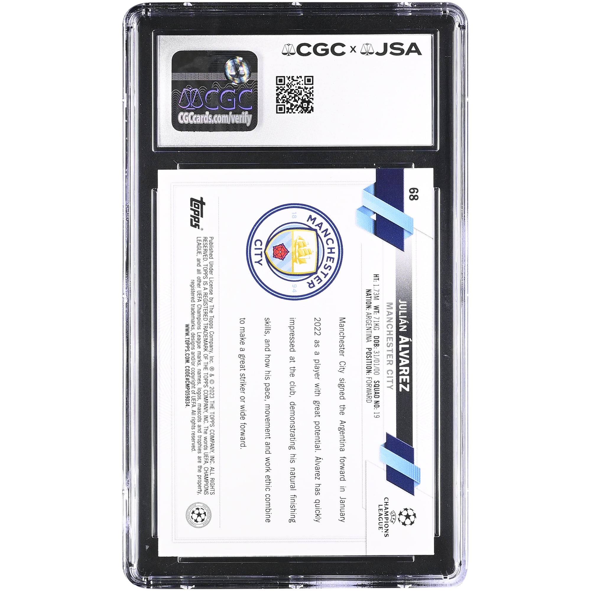 Julián Alvarez Manchester City Autographed 2022-23 Topps UEFA CC #68 CGC Authenticated Auto 10 Rookie Card
