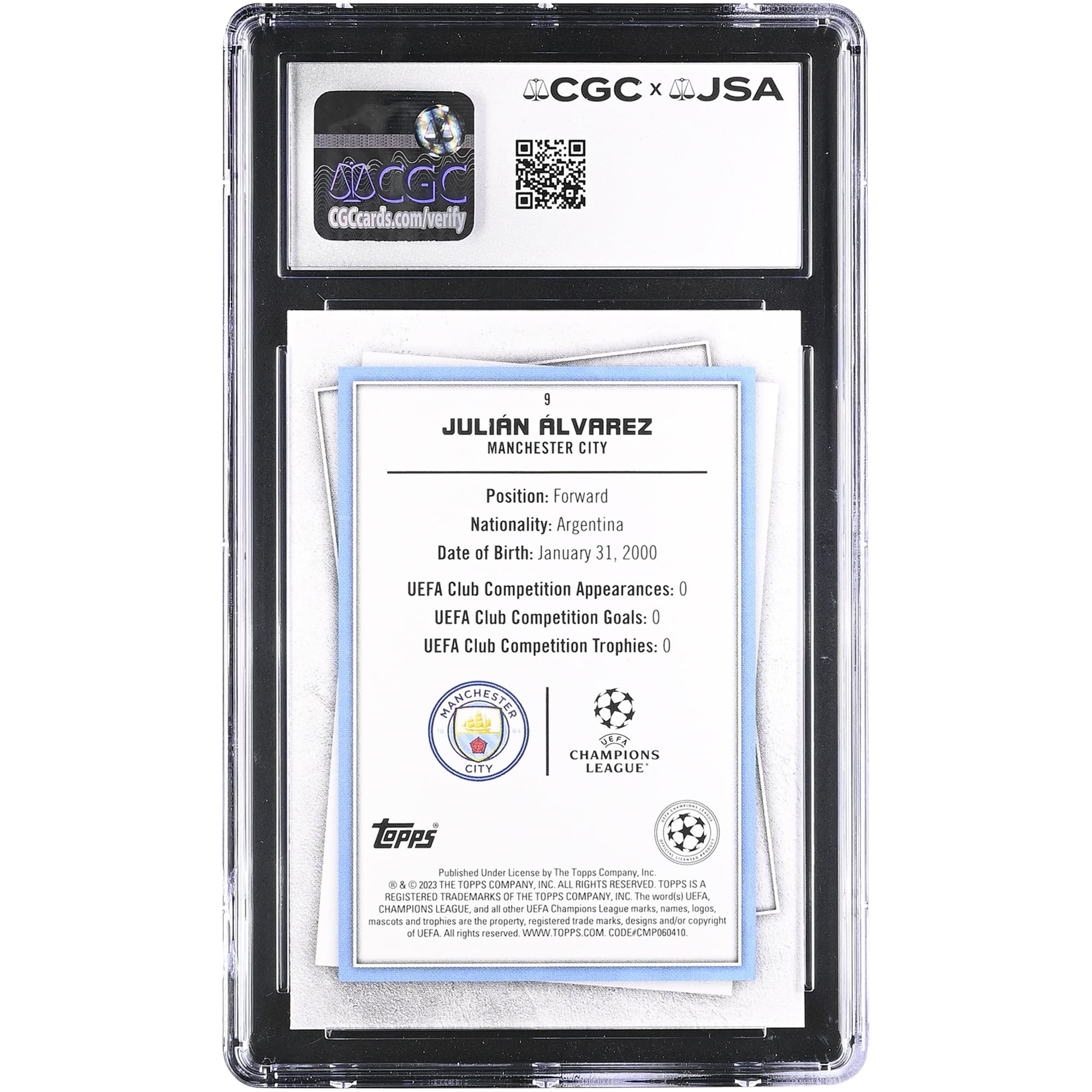 Julián Alvarez Manchester City Autographed 2022-23 Topps UEFA Superstars #9 CGC Authenticated Auto 10 Rookie Card
