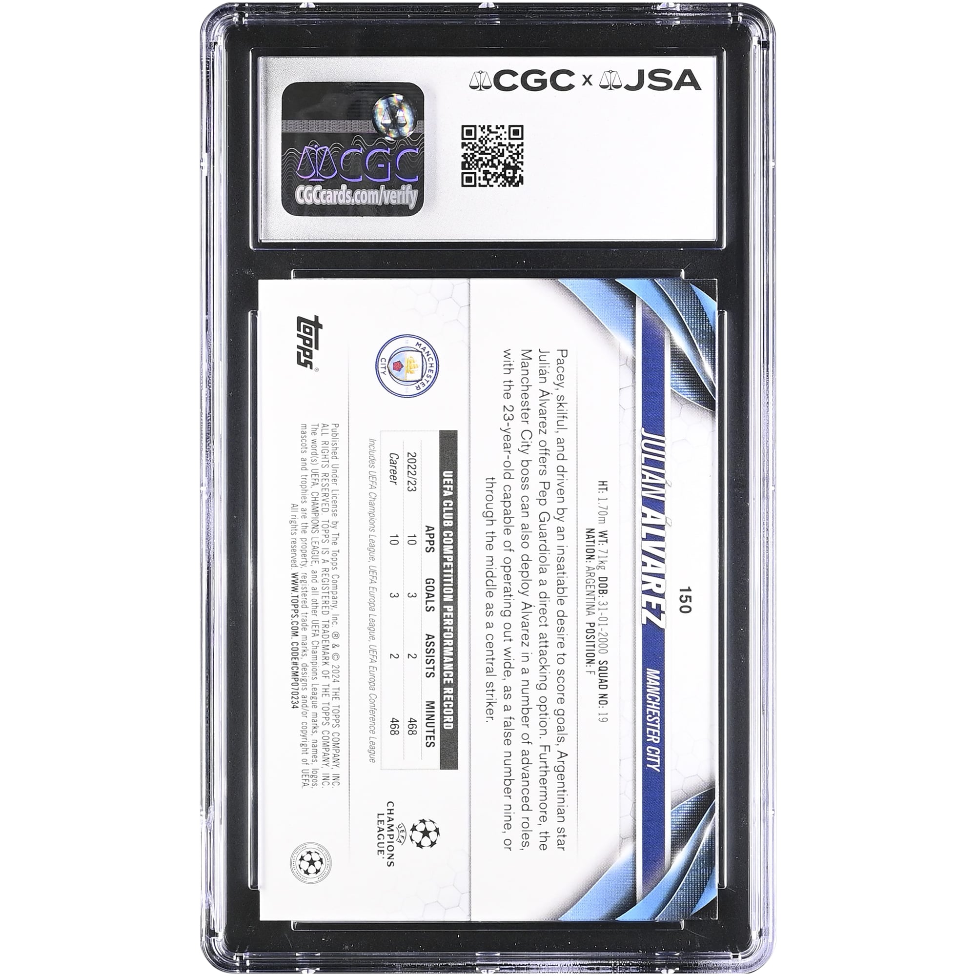 Julián Alvarez Manchester City Autographed 2023-24 Topps UEFA CC #150 CGC Authenticated 9/10 Card