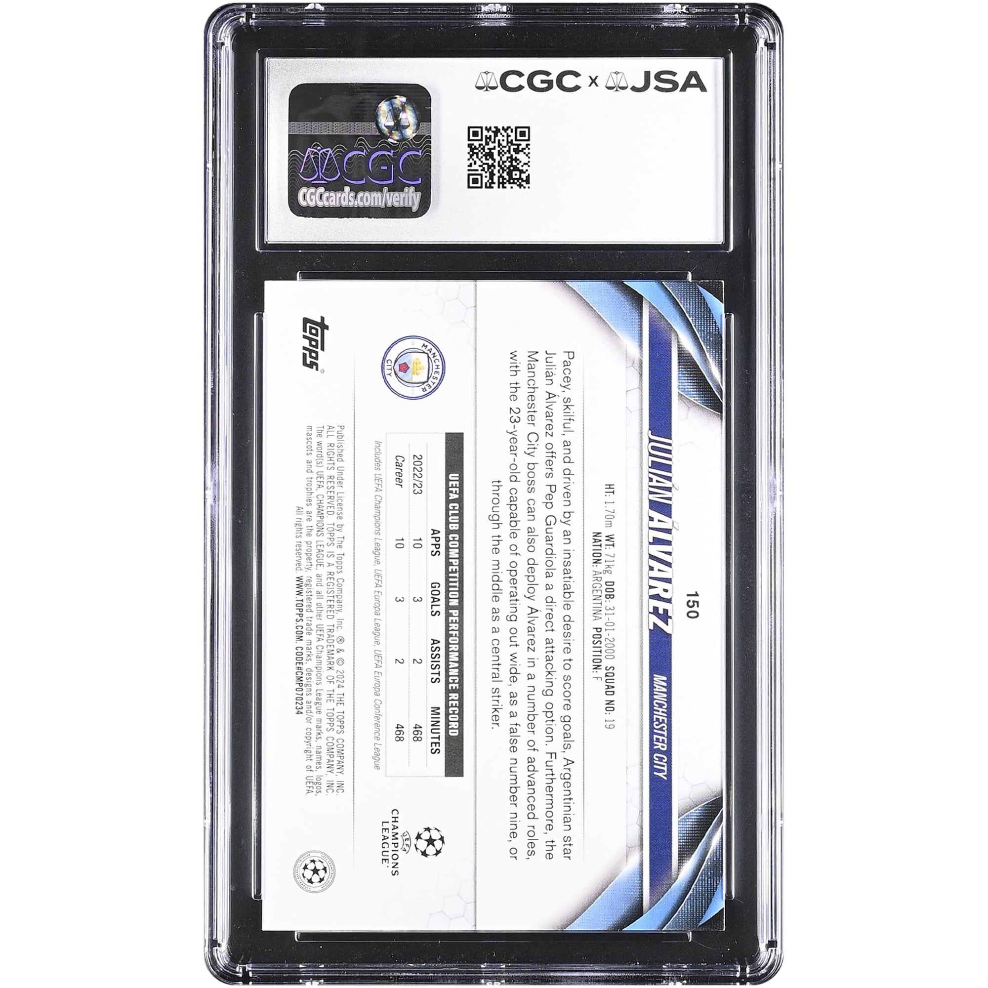 Julián Alvarez Manchester City Autographed 2023-24 Topps UEFA CC #150 CGC Authenticated Auto 10 Card