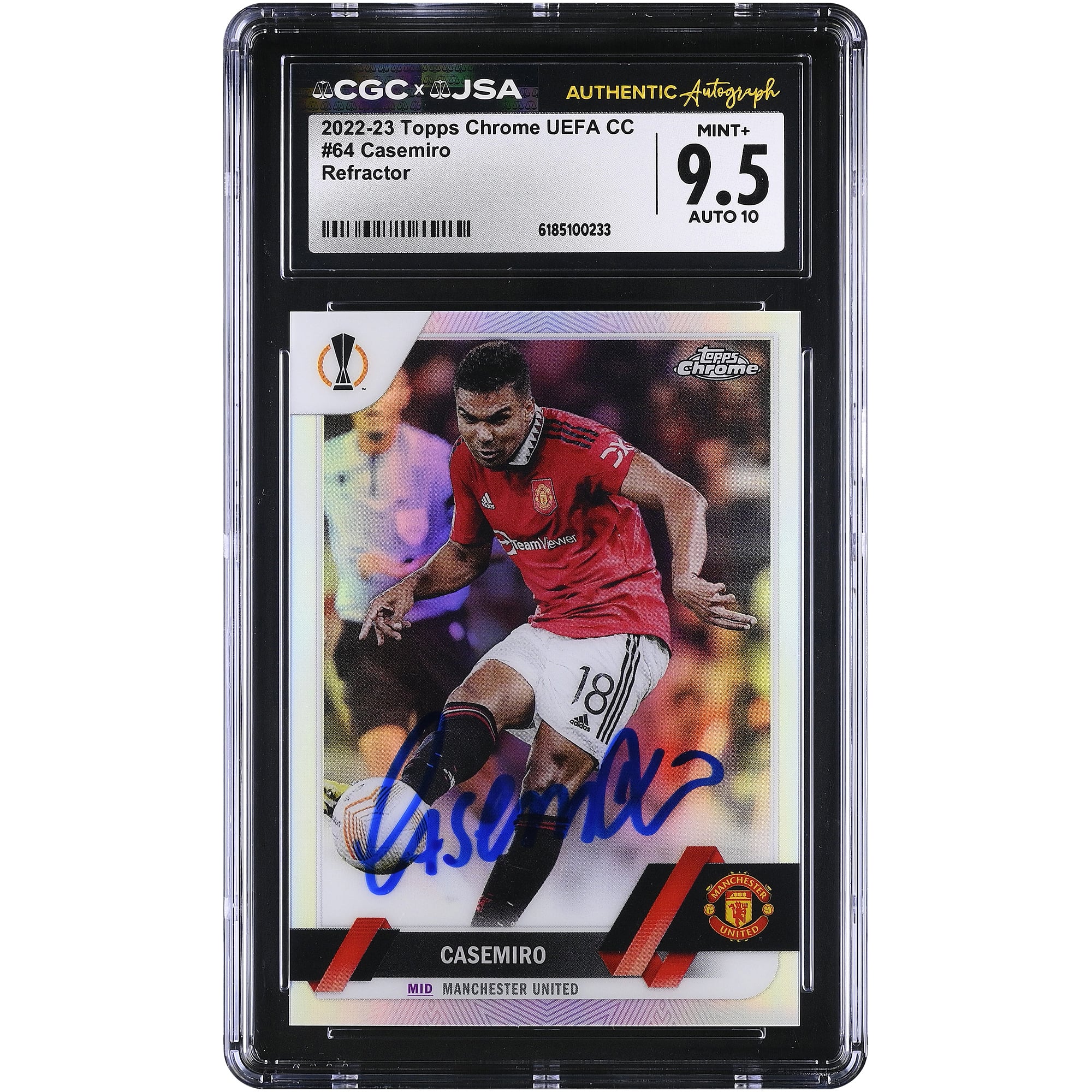 Carte autographiée de Carlos Casemiro (Manchester United) 2022-23 Topps Chrome UEFA CC Refractor n° 64, authentifiée par CGC (9,5/10).