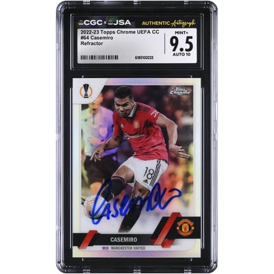 Carte autographiée de Carlos Casemiro (Manchester United) 2022-23 Topps Chrome UEFA CC Refractor n° 64, authentifiée par CGC (9,5/10).