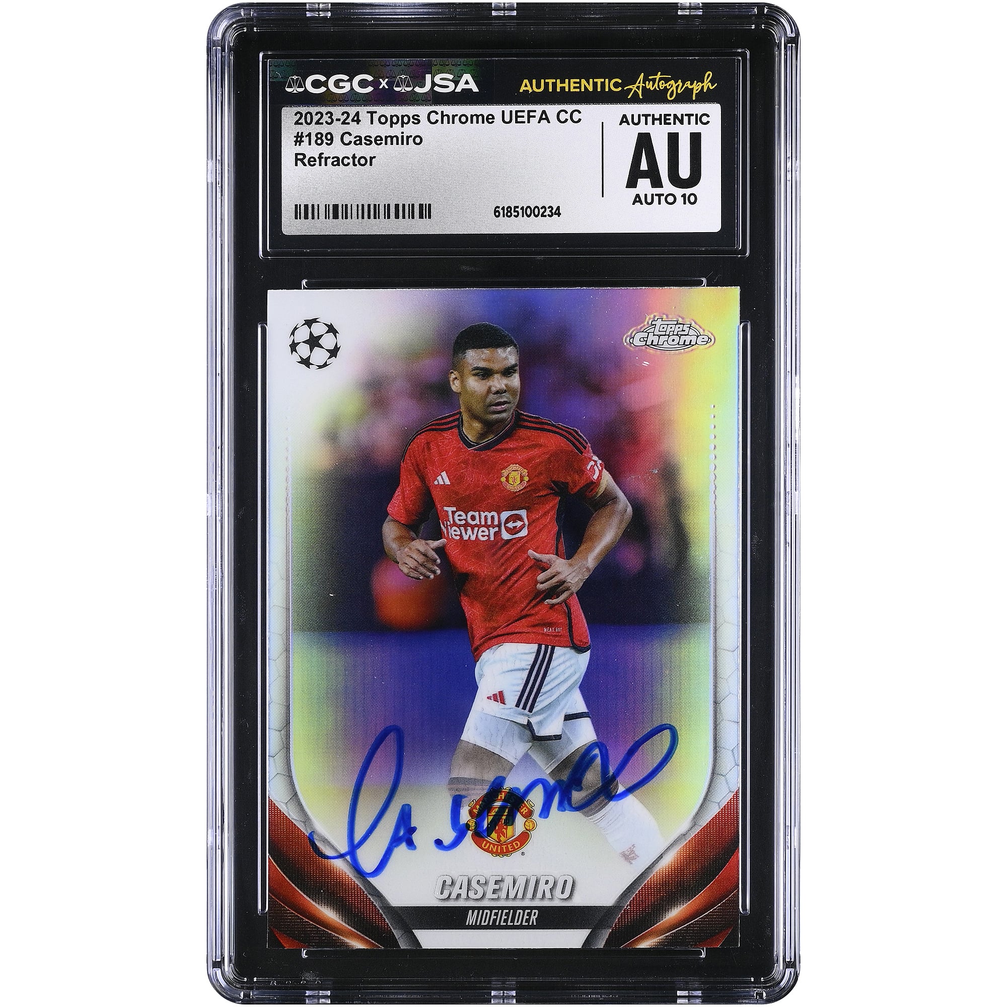 Carte autographiée de Carlos Casemiro (Manchester United) 2023-24 Topps Chrome UEFA CC Refractor n° 189, authentifiée CGC AUTO 10