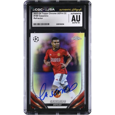 Carte autographiée de Carlos Casemiro (Manchester United) 2023-24 Topps Chrome UEFA CC Refractor n° 189, authentifiée CGC AUTO 10