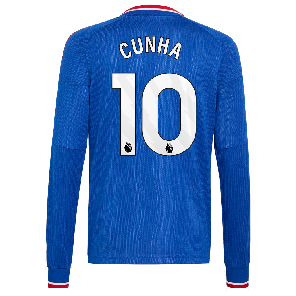 Manchester United adidas Away Shirt 2026-27 - Long Sleeve - Kids with Cunha 10 printing