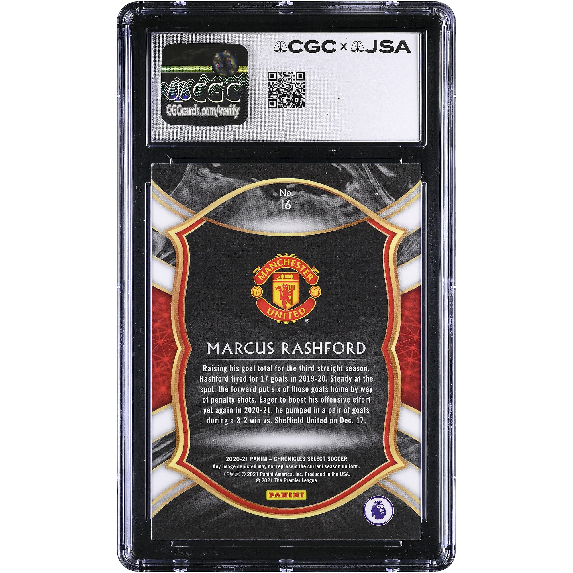Carte autographiée de Marcus Rashford (Manchester United) - Collection Panini Chronicles Select 2020-21, n° 16, authentifiée CGC (9/10).
