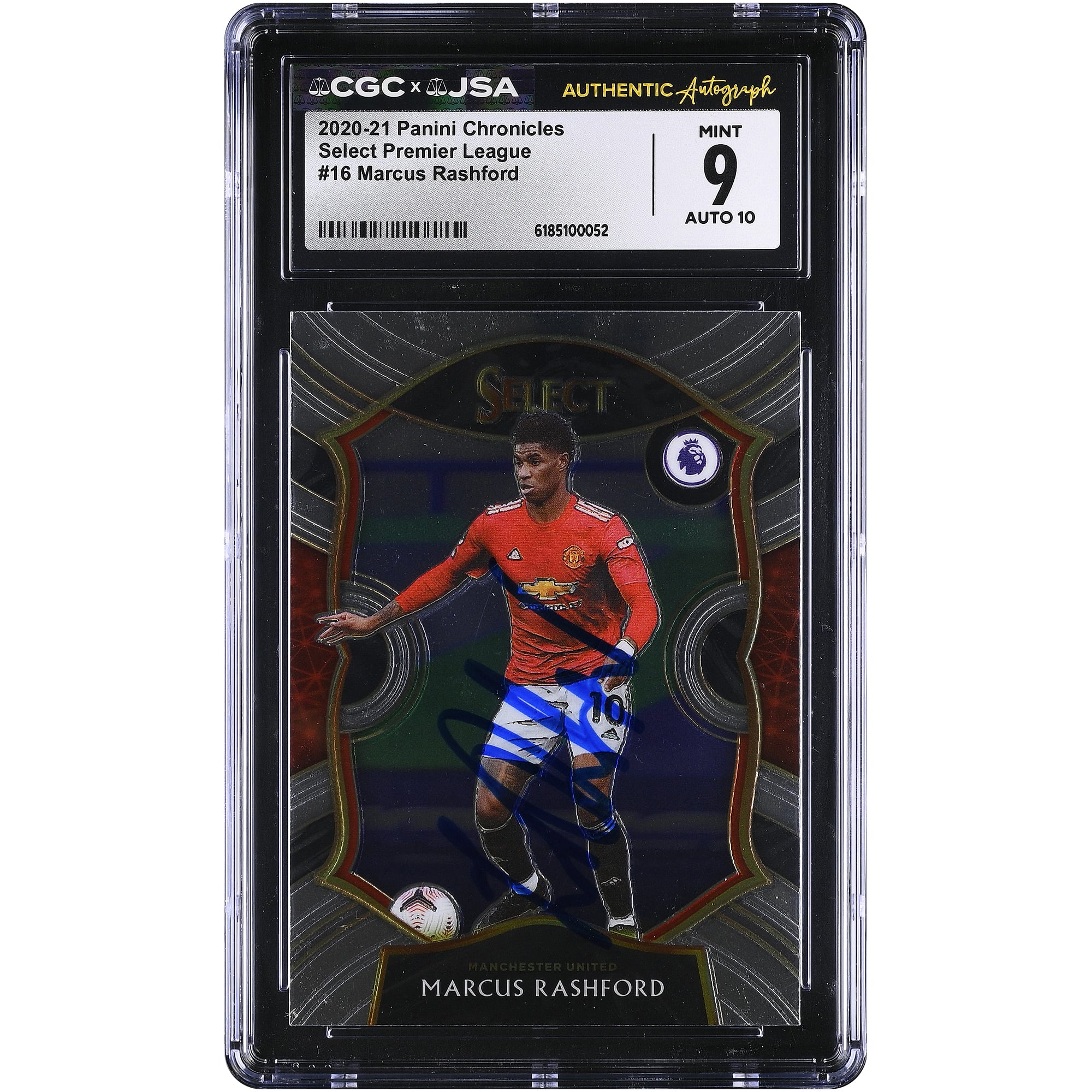 Carte autographiée de Marcus Rashford (Manchester United) - Collection Panini Chronicles Select 2020-21, n° 16, authentifiée CGC (9/10).