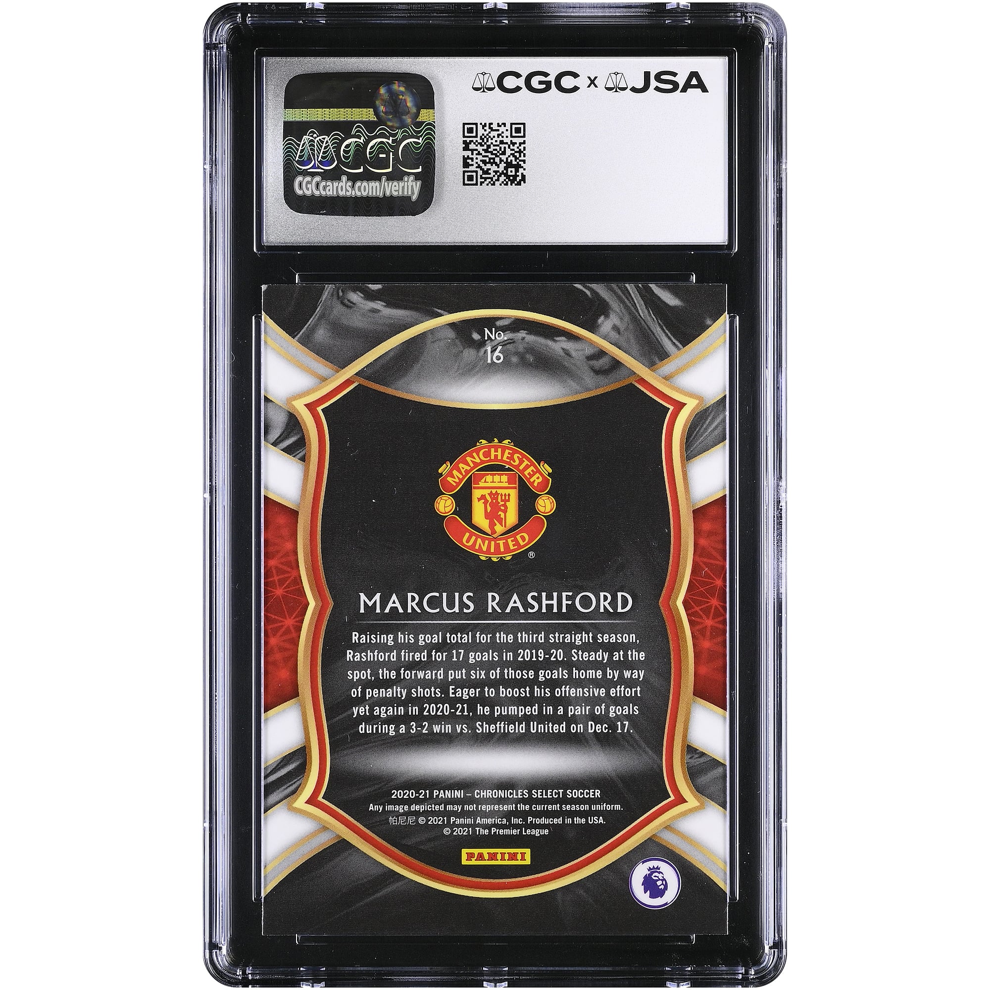Carte autographiée de Marcus Rashford (Manchester United) 2020-21 Panini Chronicles Select n° 16, authentifiée CGC AUTO 10