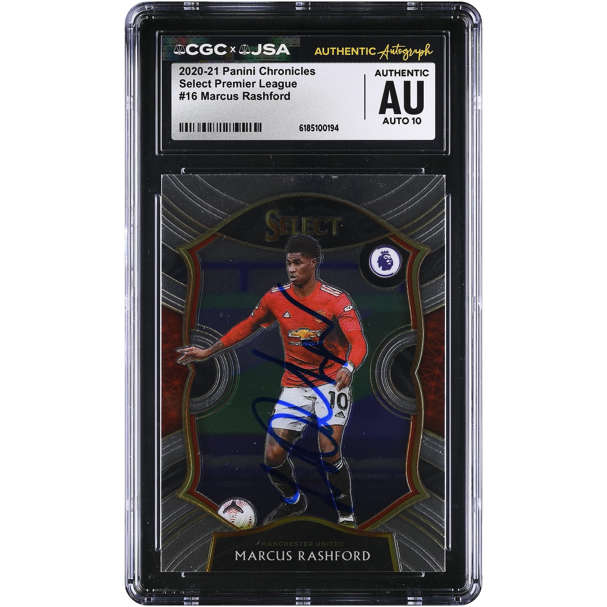 Carte autographiée de Marcus Rashford (Manchester United) 2020-21 Panini Chronicles Select n° 16, authentifiée CGC AUTO 10