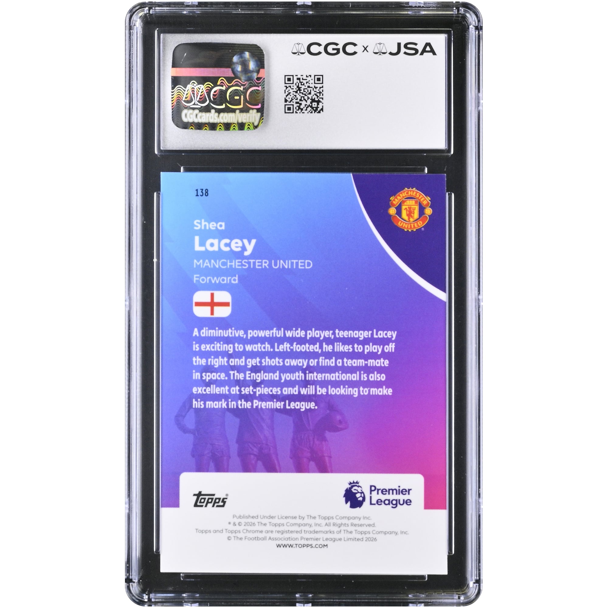Carte de recrue Shea Lacey (Manchester United) autographiée, Topps Chrome EPL 2025-26, n° 138, authentifiée CGC 10/10