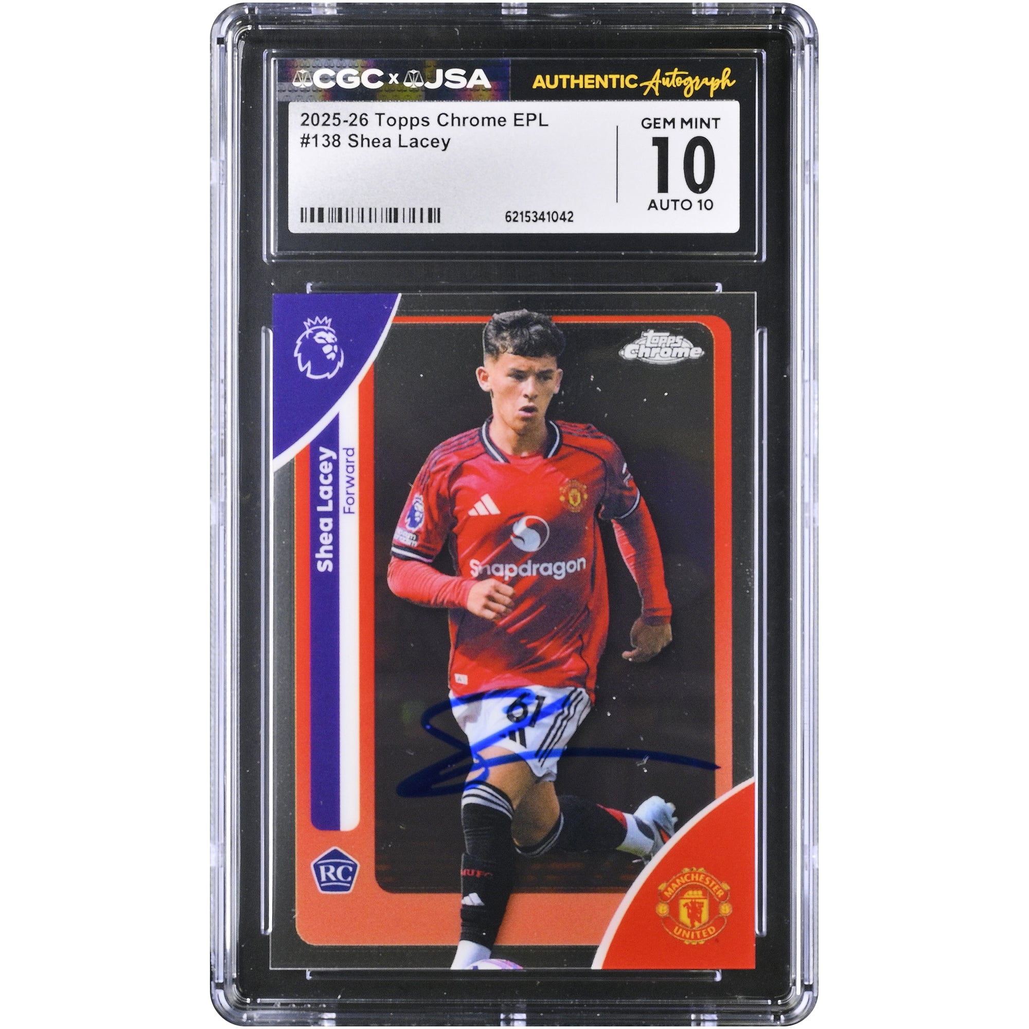 Carte de recrue Shea Lacey (Manchester United) autographiée, Topps Chrome EPL 2025-26, n° 138, authentifiée CGC 10/10