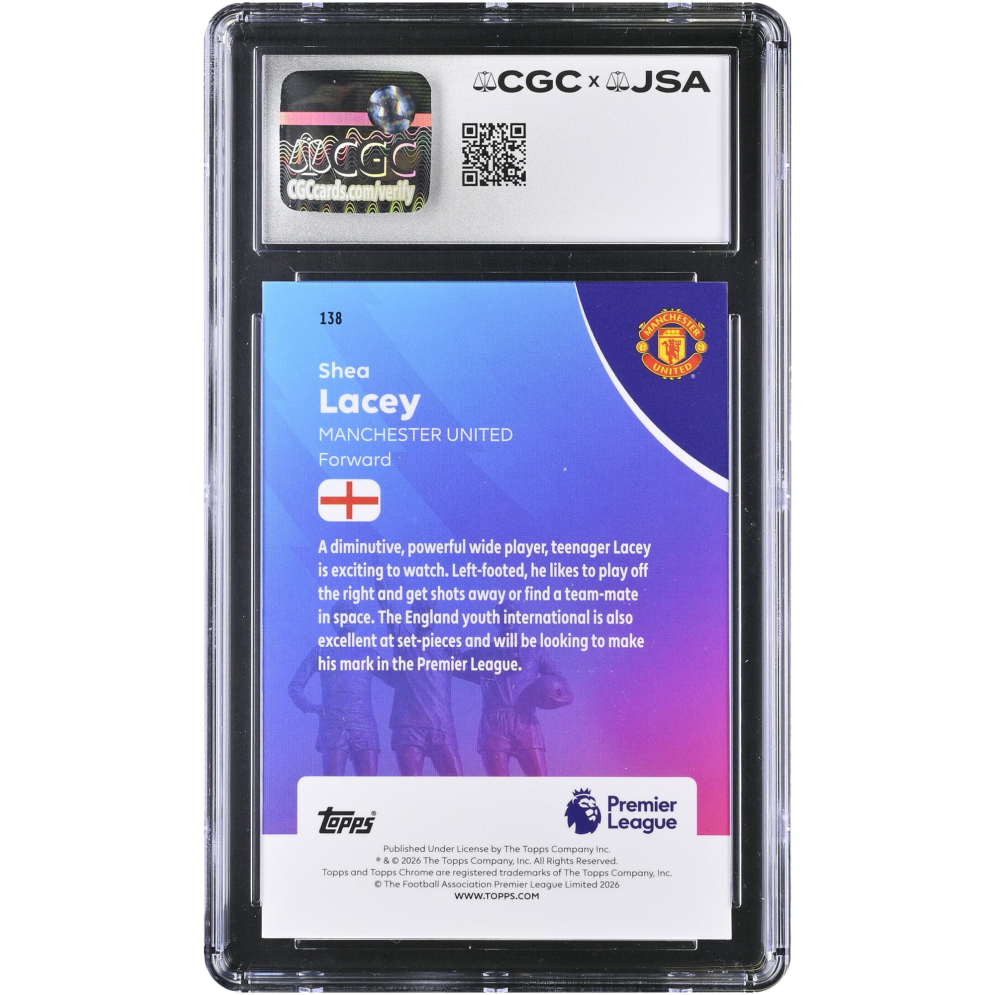 Carte de recrue autographiée de Shea Lacey (Manchester United), Topps Chrome EPL 2025-26, n° 138, authentifiée CGC 9,5/10