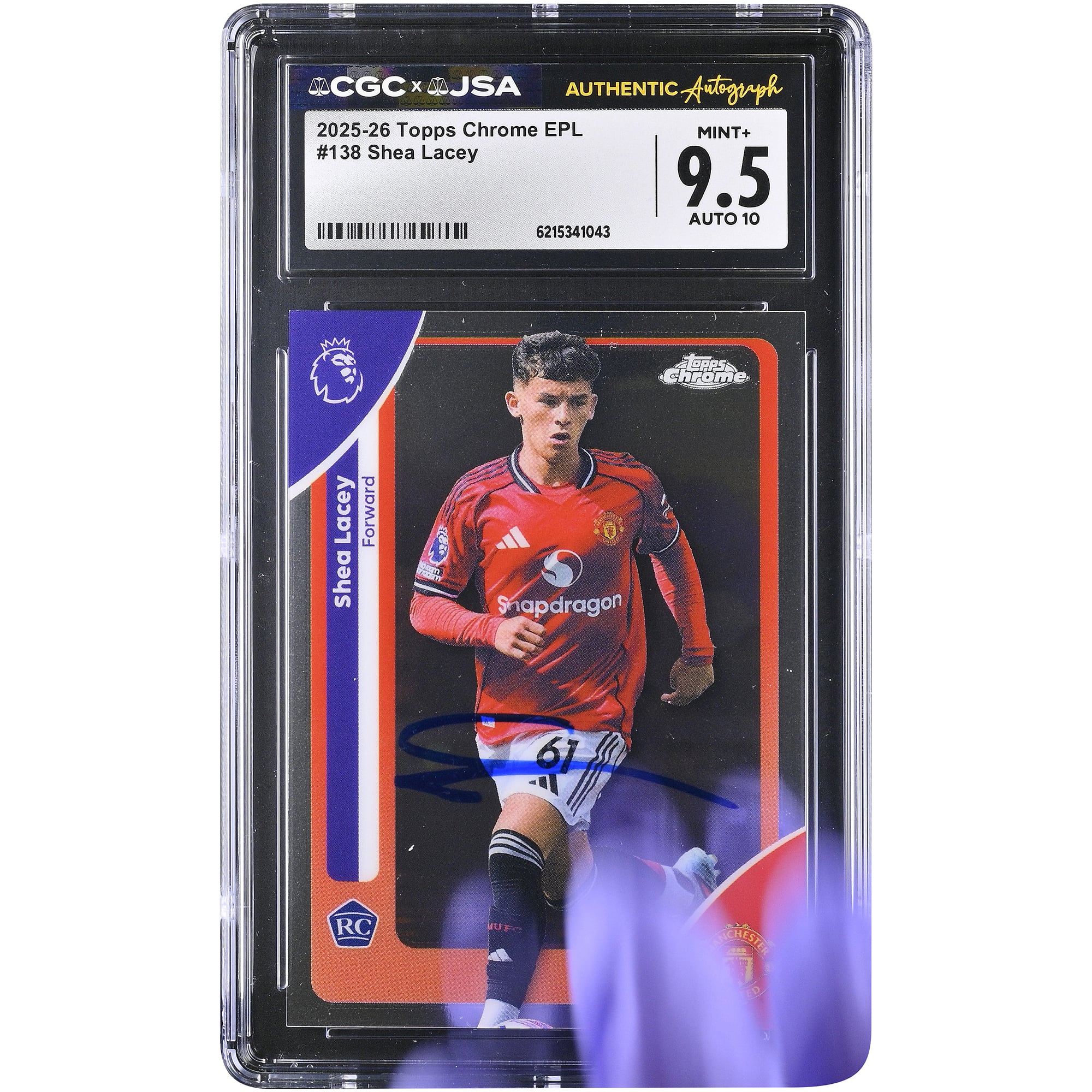 Carte de recrue autographiée de Shea Lacey (Manchester United), Topps Chrome EPL 2025-26, n° 138, authentifiée CGC 9,5/10