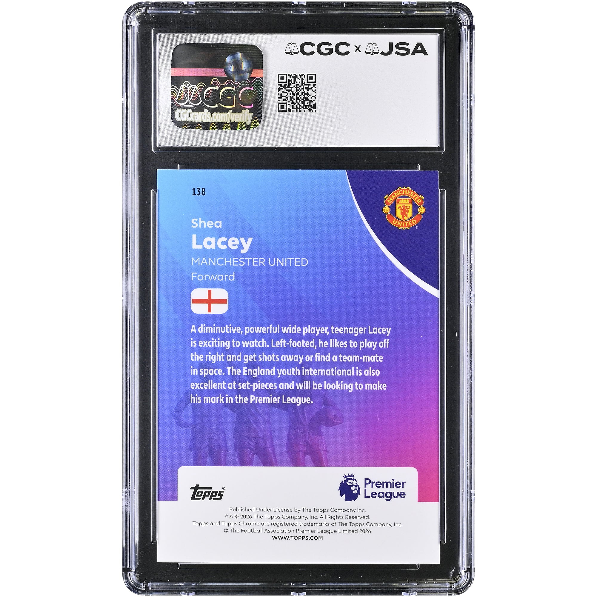 Carte de recrue Shea Lacey (Manchester United) autographiée, Topps Chrome EPL 2025-26, n° 138, authentifiée CGC, état neuf (9/10).