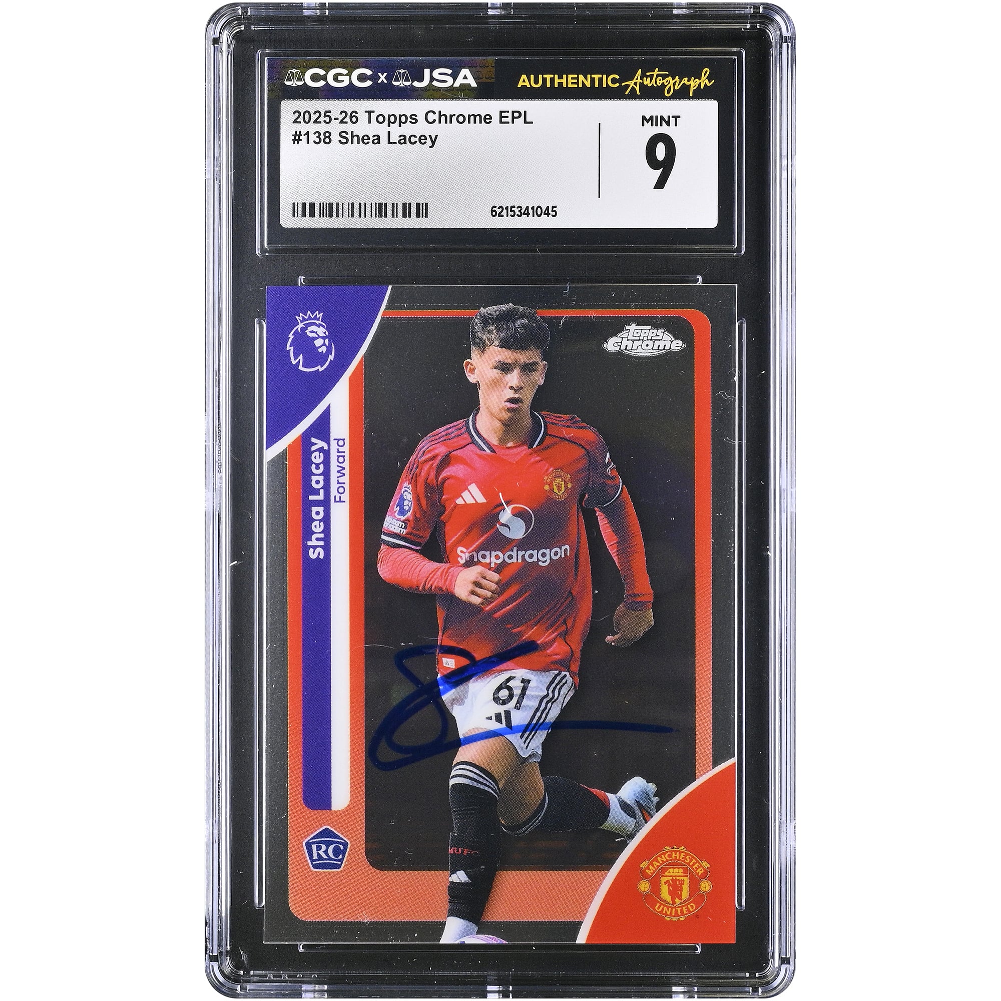 Carte de recrue Shea Lacey (Manchester United) autographiée, Topps Chrome EPL 2025-26, n° 138, authentifiée CGC, état neuf (9/10).