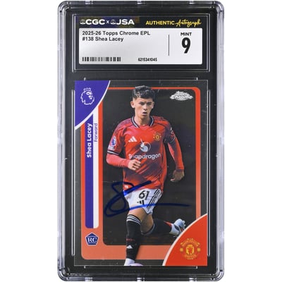 Carte de recrue Shea Lacey (Manchester United) autographiée, Topps Chrome EPL 2025-26, n° 138, authentifiée CGC, état neuf (9/10).